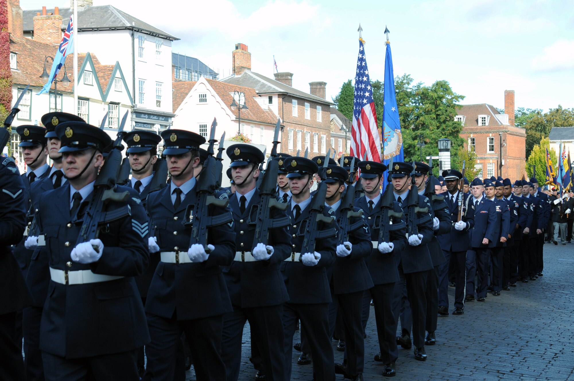 RAF MILDENHALL, England – Service members from various Royal and U.S. Air Force squadrons march in the Battle of Britain Parade in Bury St. Edmunds, Suffolk, Sept. 18, 2011. The Service members hail from RAFs Honington and Mildenhall. (U.S. Air Force photo/Tech. Sgt. Kevin Wallace)