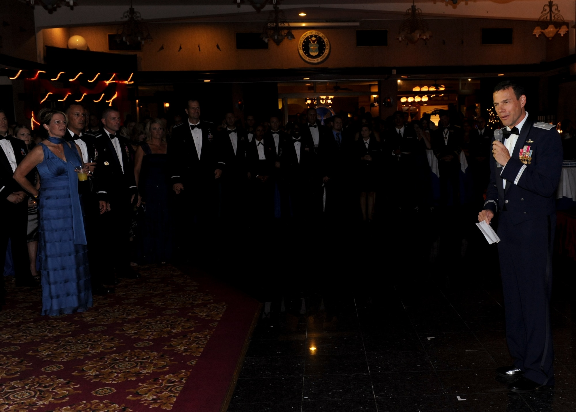 Brig. Gen. Mathew Malloy, 18th Wing commander, gives a speech on Air Force history and why it is important to be proud of our Air Force heritage during the Air Force Ball at Kadena’s Rocker NCO club, on Sept. 17, 2011. September 17th is the Air Force’s birthday and this year turned 64. (U.S. Air Force photo by Airman 1st Class Brooke P. Beers)