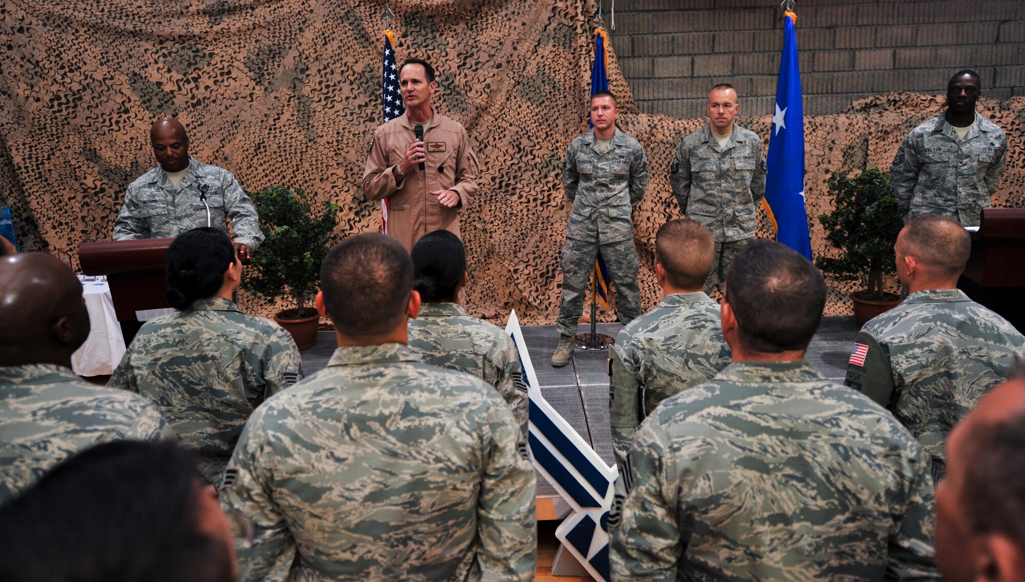 Maj. Gen. James Jones, U.S. Air Forces Central Command deputy commander, speaks to military members who reaffirmed their oath of enlistment during an Air Force birthday dinner, Sept. 18, 2011, at an undisclosed location in Southwest Asia. (U.S. Air Force photo/Senior Airman Paul Labbe)