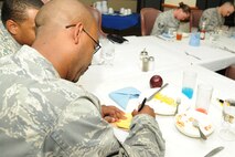 KUNSAN AIR BASE, Republic of Korea -- Members of the 8th Security Forces Squadron write down a phone number given to them by Brig. Gen. Jimmy McMillian, Director of Security Forces, Deputy Chief of Staff for Logistics, Installations and Mission Support, Headquarters U.S. Air Force, Washington, D.C., here Sept. 13. McMillian provides policy and oversight for protecting Air Force resources from terrorism, criminal acts, sabotage and acts of war and he ensures security forces members are trained, equipped and ready to support contingency and exercise plans. (U.S. Air Force photo/Senior Airman Brittany Y. Bateman)