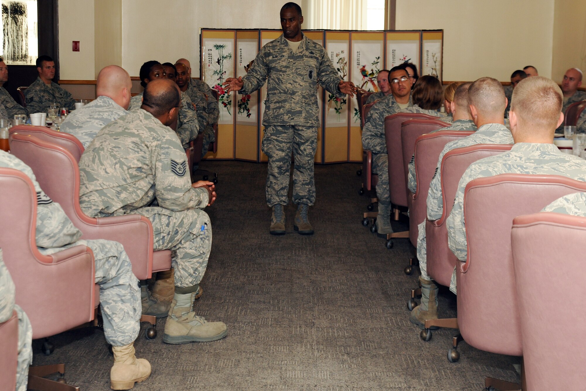 KUNSAN AIR BASE, Republic of Korea -- Brig. Gen. Jimmy McMillian, Director of Security Forces, Deputy Chief of Staff for Logistics, Installations and Mission Support, Headquarters U.S. Air Force, Washington, D.C., talks with NCOs from the 8th Security Forces Squadron here Sept. 13. McMillian is the focal point for ensuring the physical security of nuclear assets within the Air Force and planning and programming for more than 30,000 active-duty and Reserve components security forces at locations worldwide. (U.S. Air Force photo/Senior Airman Brittany Y. Bateman)

