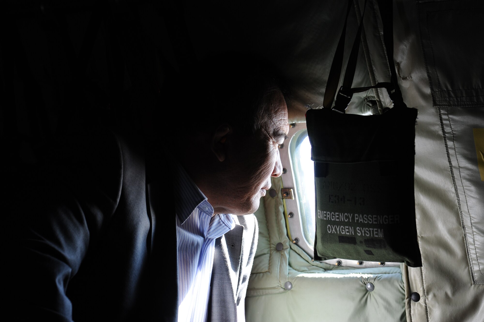 A Kyrgyz Republic parliament member looks out the window of a KC-135 Stratotanker during a refueling familiarization flight over Kyrgyzstan Sept. 17. This high-level visit underpins Air Forces Central Command and U.S. Central Command goals for sustained partnership building and cultivating enduring relationships in support of U.S. foreign policy objectives. (U.S. Air Force photo/Tech. Sgt. Hank Hoegen)