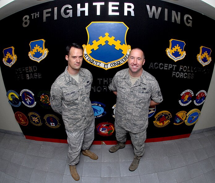 KUNSAN AIR BASE, Republic of Korea -- Staff Sgt. Chad M. Callahan, 8th Communications Squadron client systems technician, poses with Tech. Sgt. Chad A. Calahan, 8th Fighter Wing NCO in charge of flight safety, here Sept. 15. The two Chads share many things, one of which is their last name. (U.S. Air Force photo/Senior Airman Benjamin Stratton)