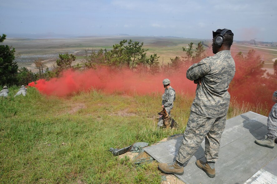 KUNSAN AIR BASE, Republic of Korea -- Brig. Gen. Jimmy McMillian, Director of Security Forces, Deputy Chief of Staff for Logistics, Installations and Mission Support, Headquarters U.S. Air Force, Washington, D.C., watches members of the 8th Security Forces Squadron perform a demonstration here Sept. 13. McMillian is the focal point for ensuring the physical security of nuclear assets within the Air Force and planning and programming for more than 30,000 active-duty and Reserve components security forces at locations worldwide. (U.S. Air Force photo/Senior Airman Brittany Y. Bateman)