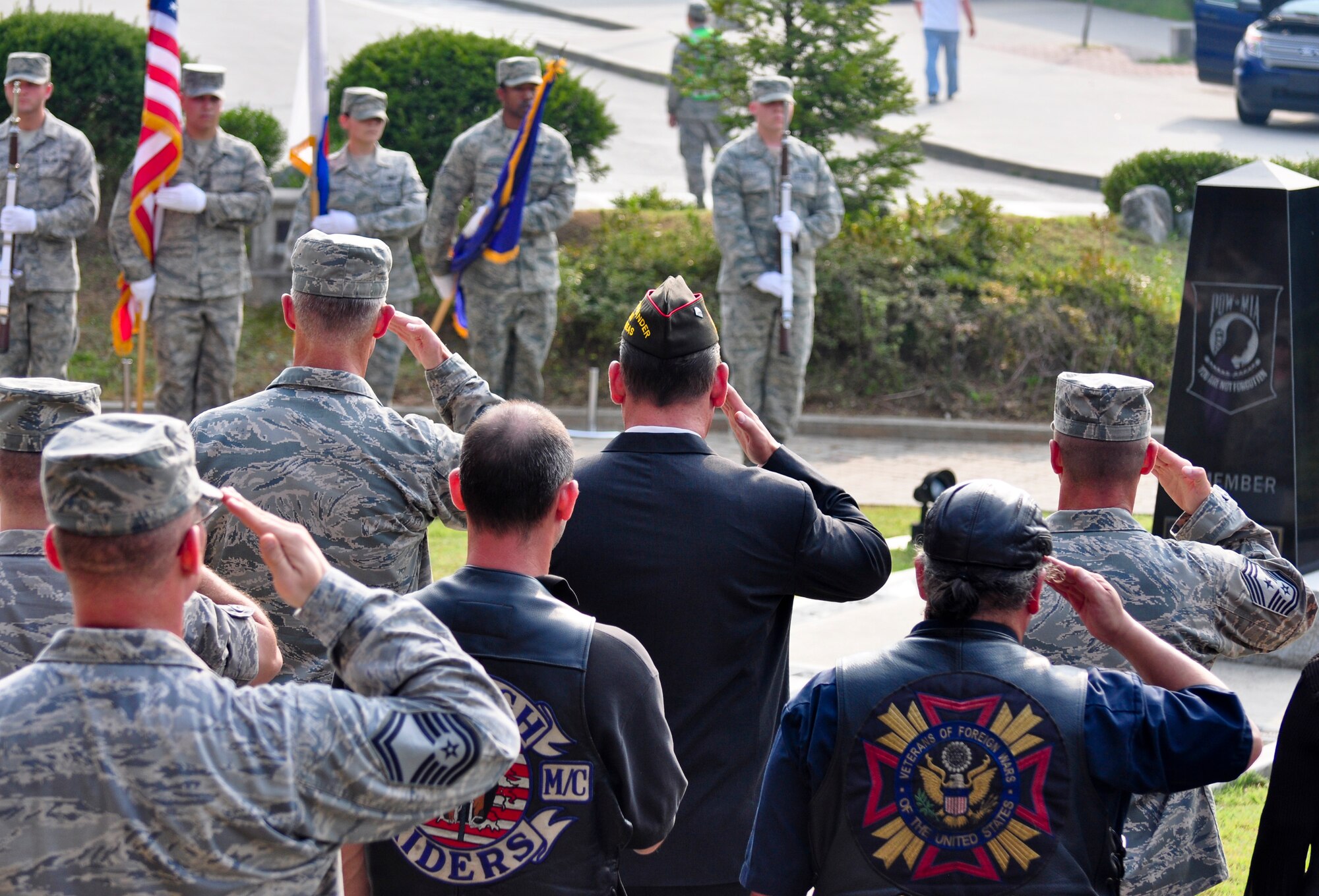 The base honor guard presents the colors during POW/MIA Recognition day Sept. 16, 2011 at the POW/MIA Memorial in front of the base theater. Members of the Osan’s Air Force Sergeants Association honored all POW/MIAs during several ceremonies and events Sept. 12-16. (U.S. Air Force photo/Tech. Sgt. Chad Thompson)