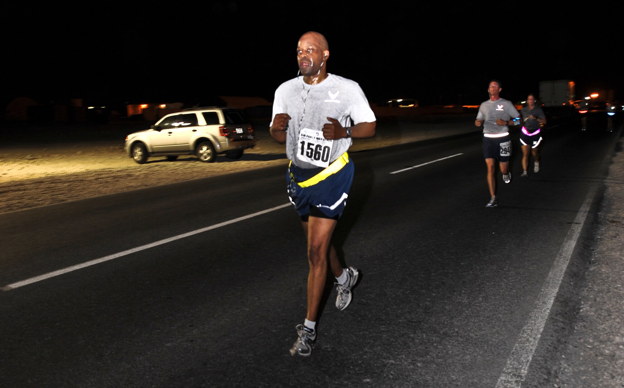 More than 380 runners took part in the 10K and half-marathon events, Sept. 17, 2011, at an undisclosed location in Southwest Asia. The races, which were part of the 64th Air Force birthday festivities, kicked off at 4 a.m. in an effort to beat the heat. (U.S. Air Force photo/Senior Airman Paul Labbe)