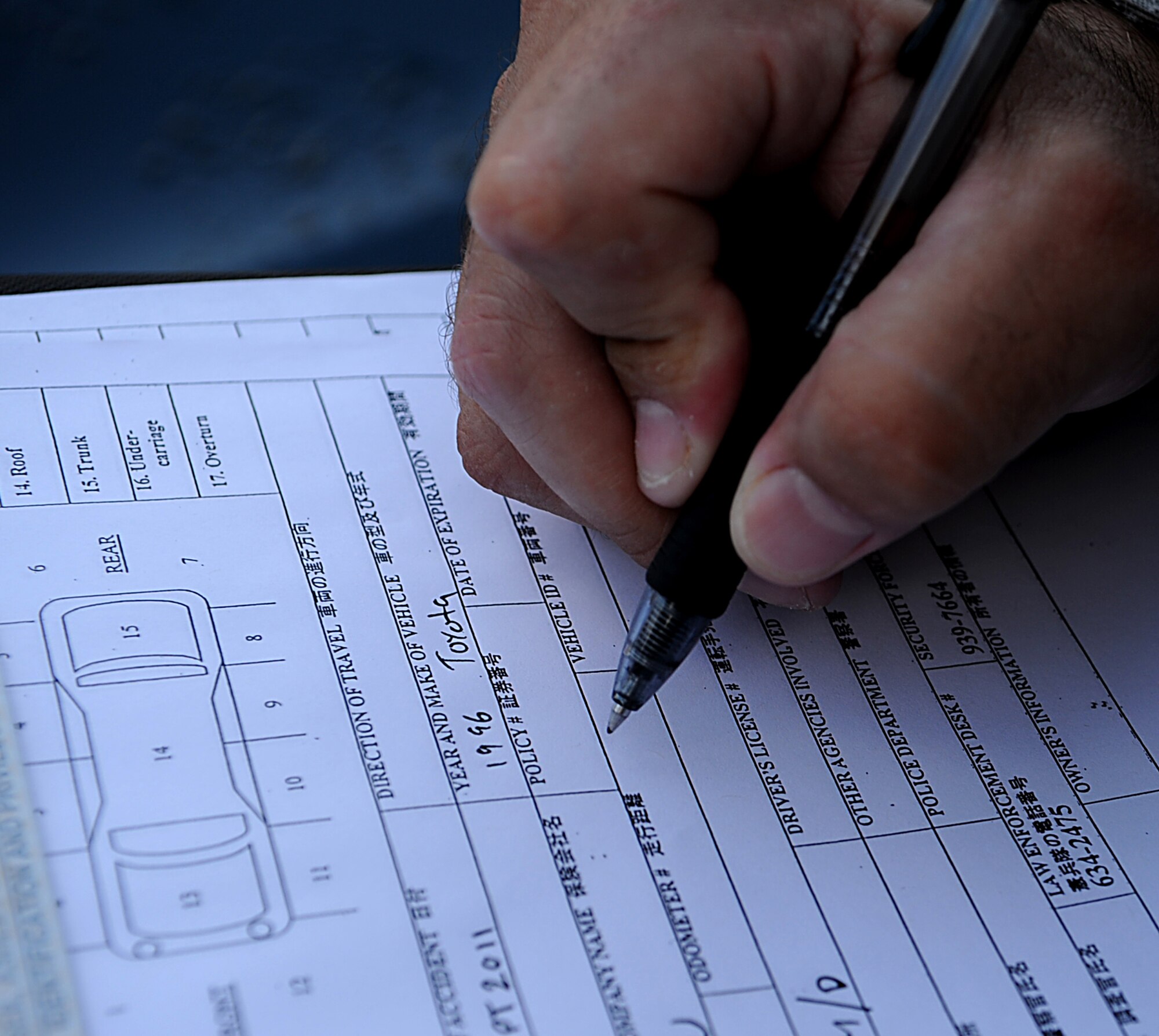 Tech. Sgt. Daniel Gonzalez, 18th Security Forces Squadron member, fills out a minor vehicle accident form Sept. 10 on Kadena Air Base, Japan. Gonzalez was recently named to the 2011 edition of “Portraits in Courage” for his actions while deployed to Afghanistan. (U.S. Air Force photo/Staff Sgt. Christopher Hummel)