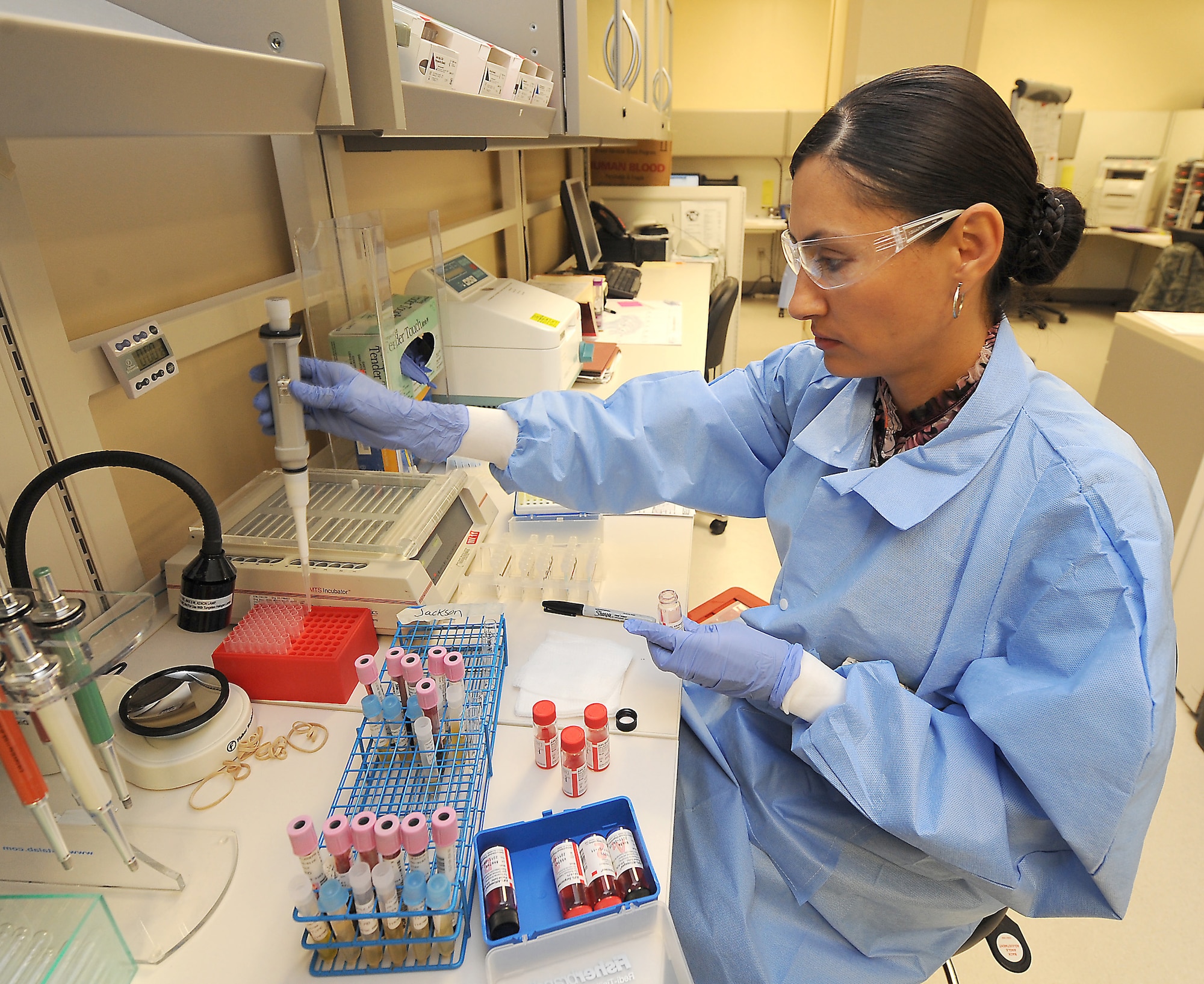 Lorrie Jackson, laboratory technician, performs a daily quality control on blood bank reagents at the David Grant Medical Center blood bank, Aug 30. The procedure determines the accuracy and precision of everything used for a specific test and is primarily used to test patient blood samples before they are transfused (U.S. Air Force photo/ Staff Sgt. Liliana Moreno)