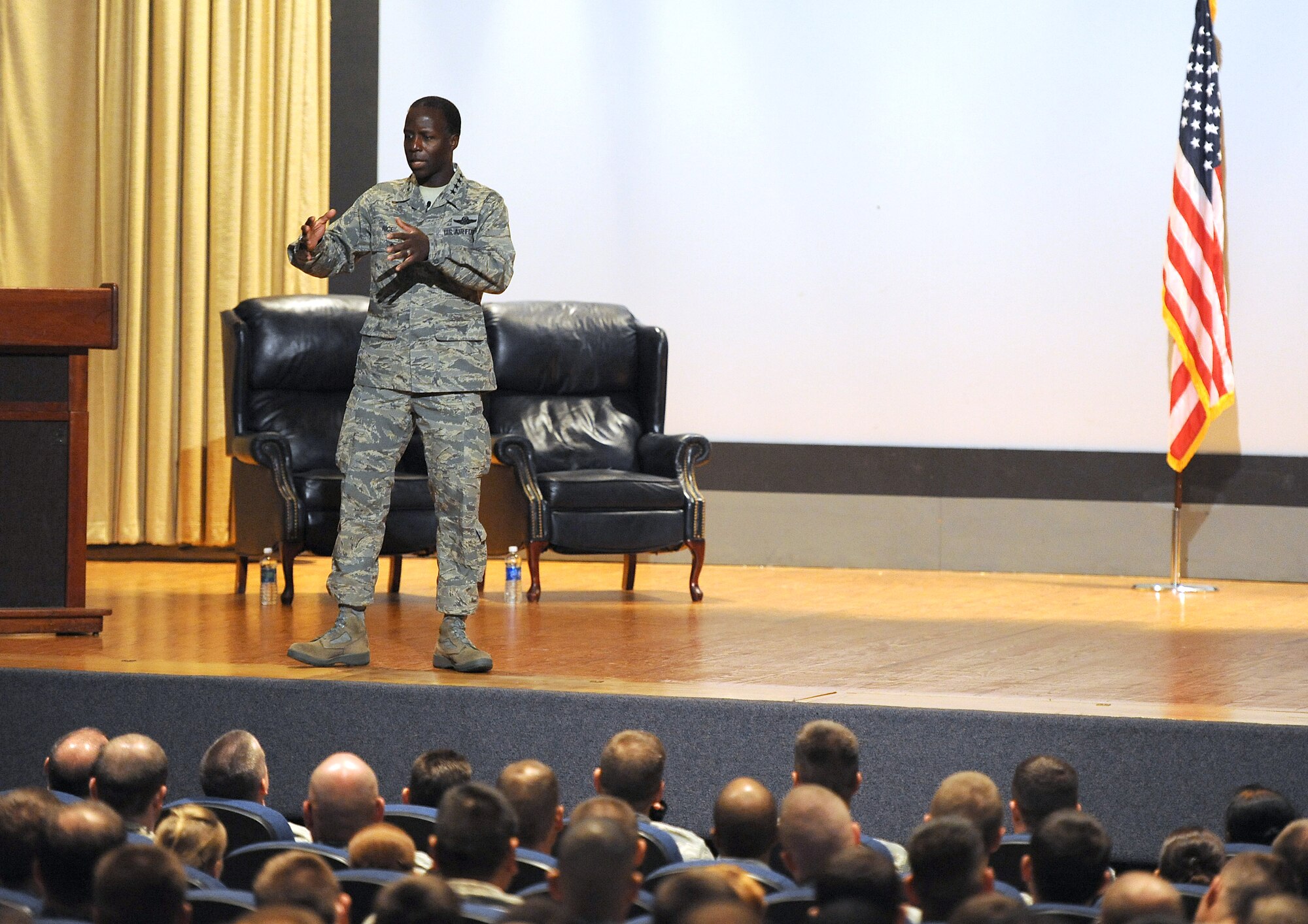 GOODFELLOW AIR FORCE BASE, Texas -- Gen. Edward Rice, Commander of Air Education and Training Command, speaks to members of Team Goodfellow during an "All Call" at Goodfellow Sept. 15. (U.S. Air Force photo/Airman 1st Class Michael Smith)