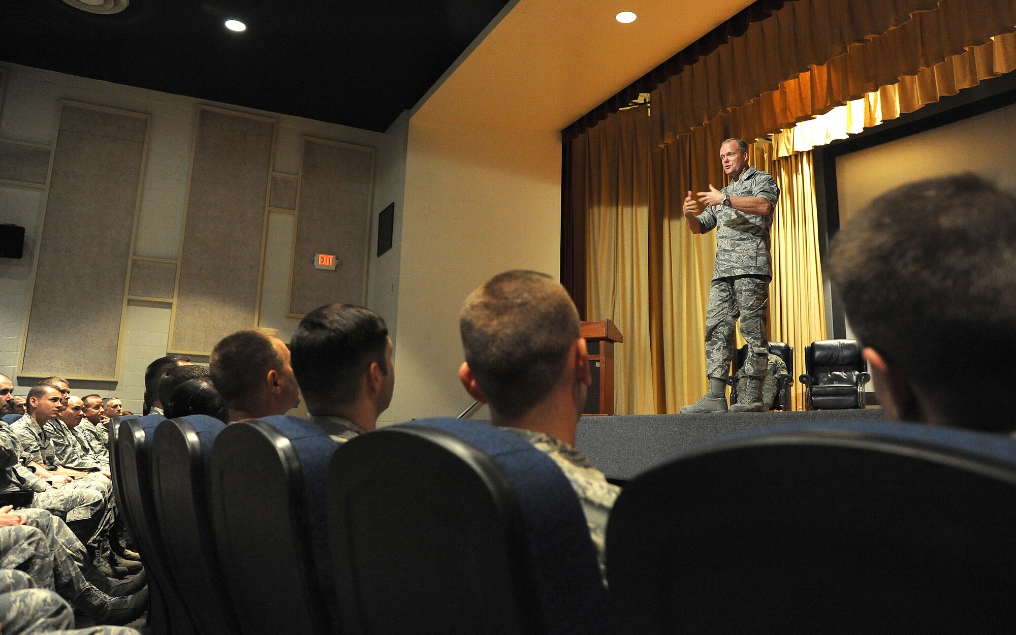 GOODFELLOW AIR FORCE BASE, Texas -- Chief Master Sgt. James Cody, Command Chief for Air Education and Training Command, addresses members of Team Goodfellow during an "All Call" at the base theater Sept. 15. (U.S. Air Force photo/Airman 1st Class Michael Smith)