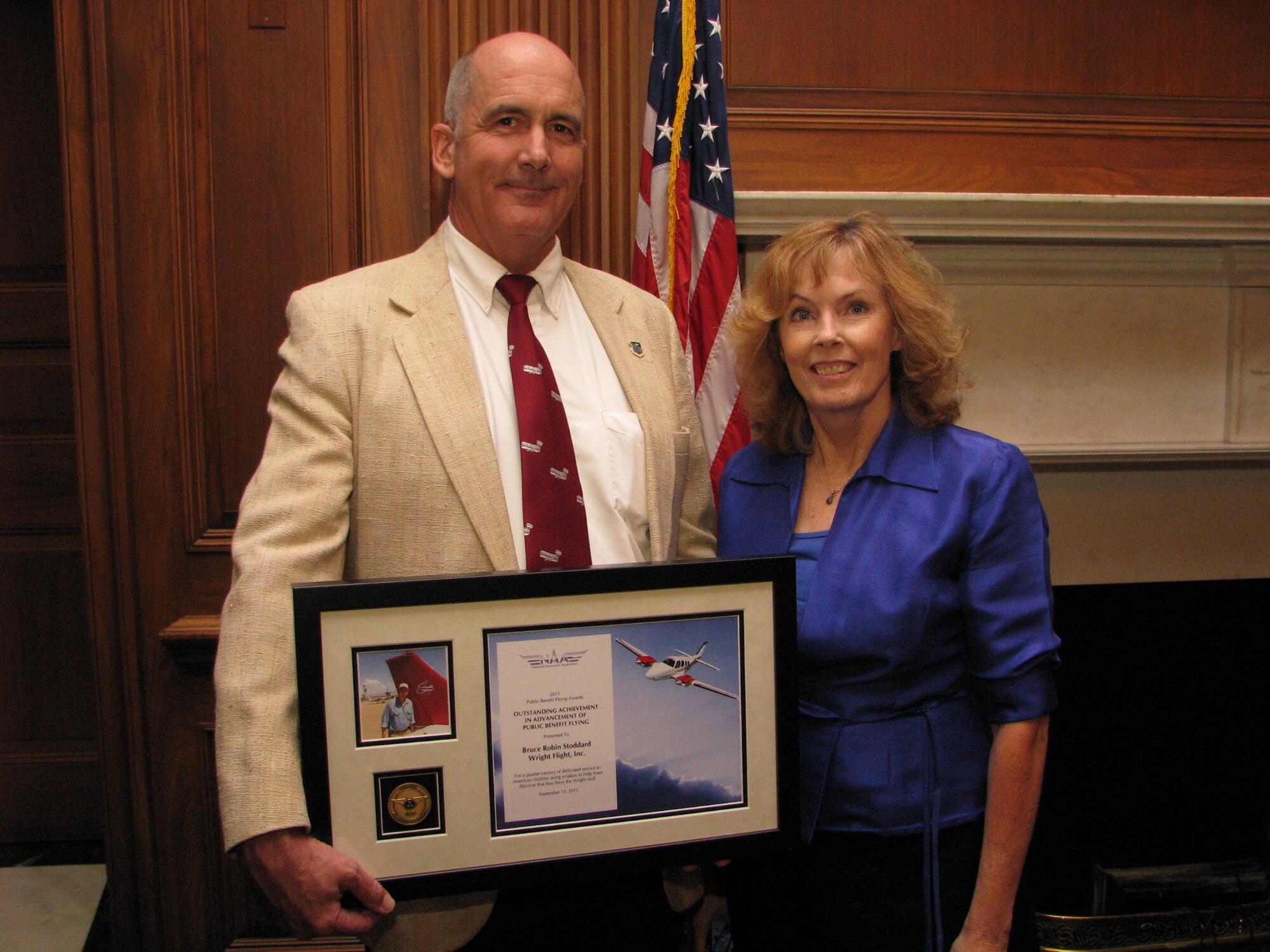 WASHINGTON, D.C.. - Robin “Spidey” Stoddard, an A-10C academic and simulator instructor at D-M, poses with his wife Julie, after being recognized by the National Aeronautic Association and receiving an award for Outstanding Achievement in Advancement of Public Benefit Flying in Washington, D.C., Sept. 20. (Courtesy photo)