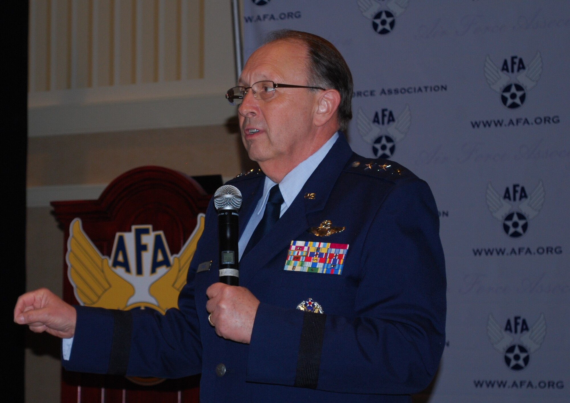Lt. Gen. Charles E. Stenner Jr., talks about how rebalancing the active and Reserve components offers an opportunity to leverage Reserve strengths and realize significant savings during his address Sept. 20, 2011, at the Air Force Association's 2011 Air & Space Conference and Technology Exposition in National Harbor, Md. More than 7,000 people attended the three-day event at the Gaylord National Resort & Convention Center. Stenner is the chief of the Air Force Reserve. (U.S. Air Force photo/Col. Bob Thompson)