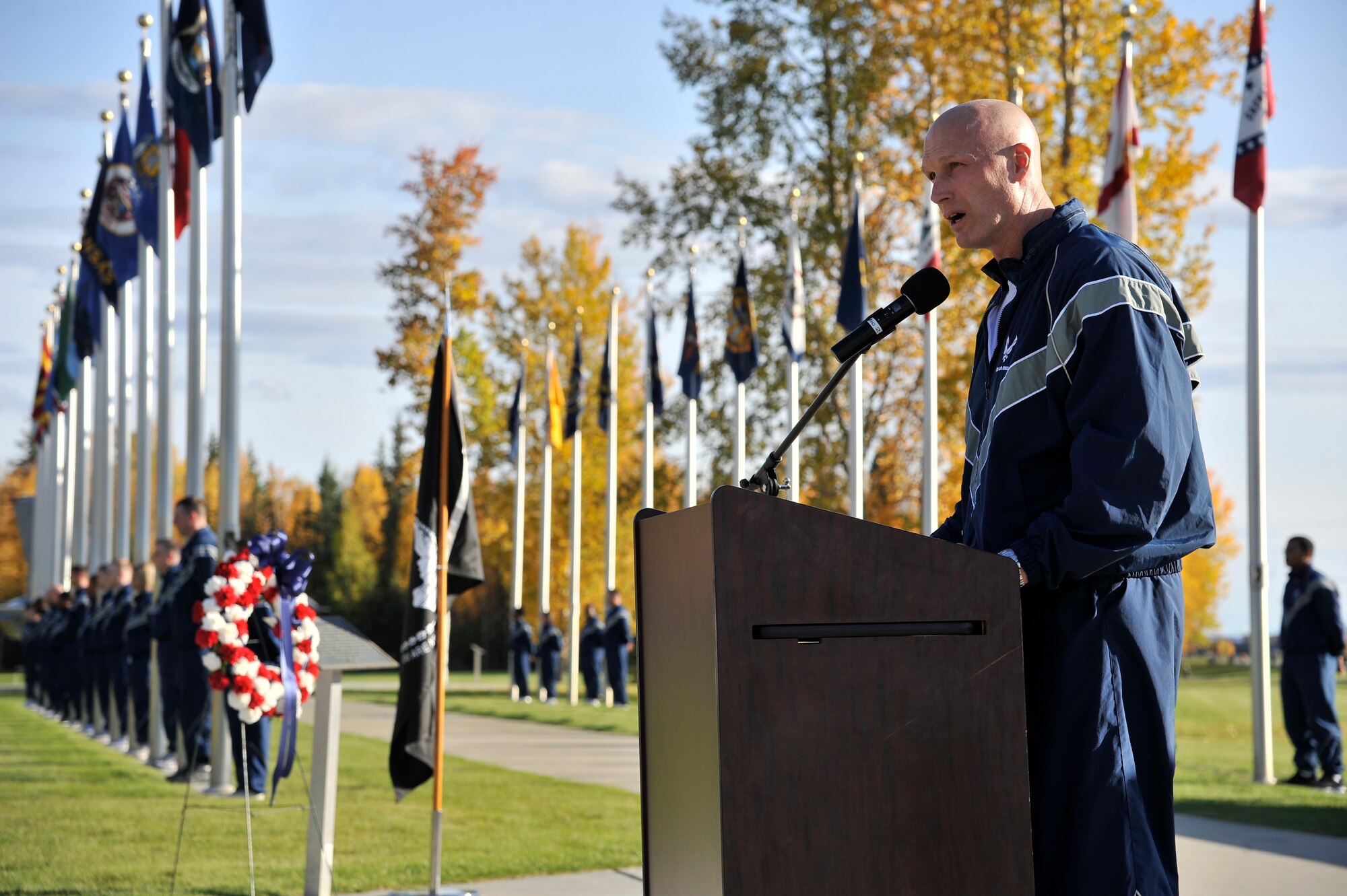Brig. Gen. James Post reads the Presidents' proclamation during the Prisoner of War and Missing in Action ceremony at Heritage Park Sept. 16, 2011, Eielson Air Force Base, Alaska. The POW/MIA ceremony pays tribute to those who are classified as captured or missing in action during war. General Post is the 354th Fighter Wing commander. (U.S. Air Force photo/Staff Sgt. Christopher Boitz)