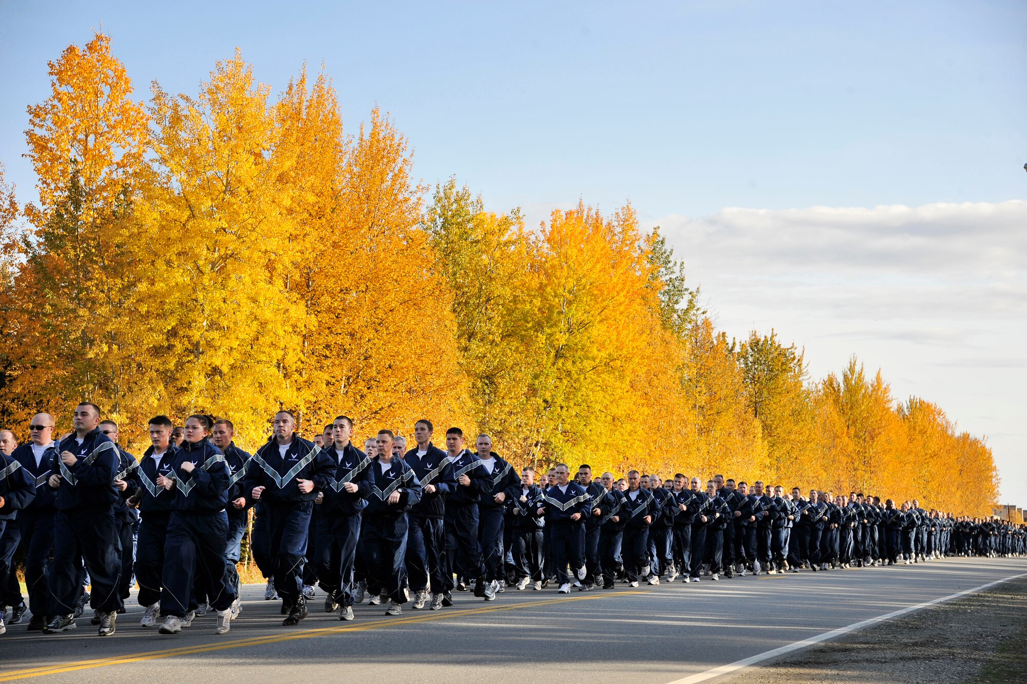 Airmen of the 354th Fighter Wing participate in a wing run Sept. 16, 2011, Eielson Air Force Base, Alaska. The run kicked off the Prisoner of War and Missing in Action ceremony which honors members of the U.S. Armed Forces who have been listed as a POW or MIA. (U.S. Air Force photo/Staff Sgt. Christopher Boitz)