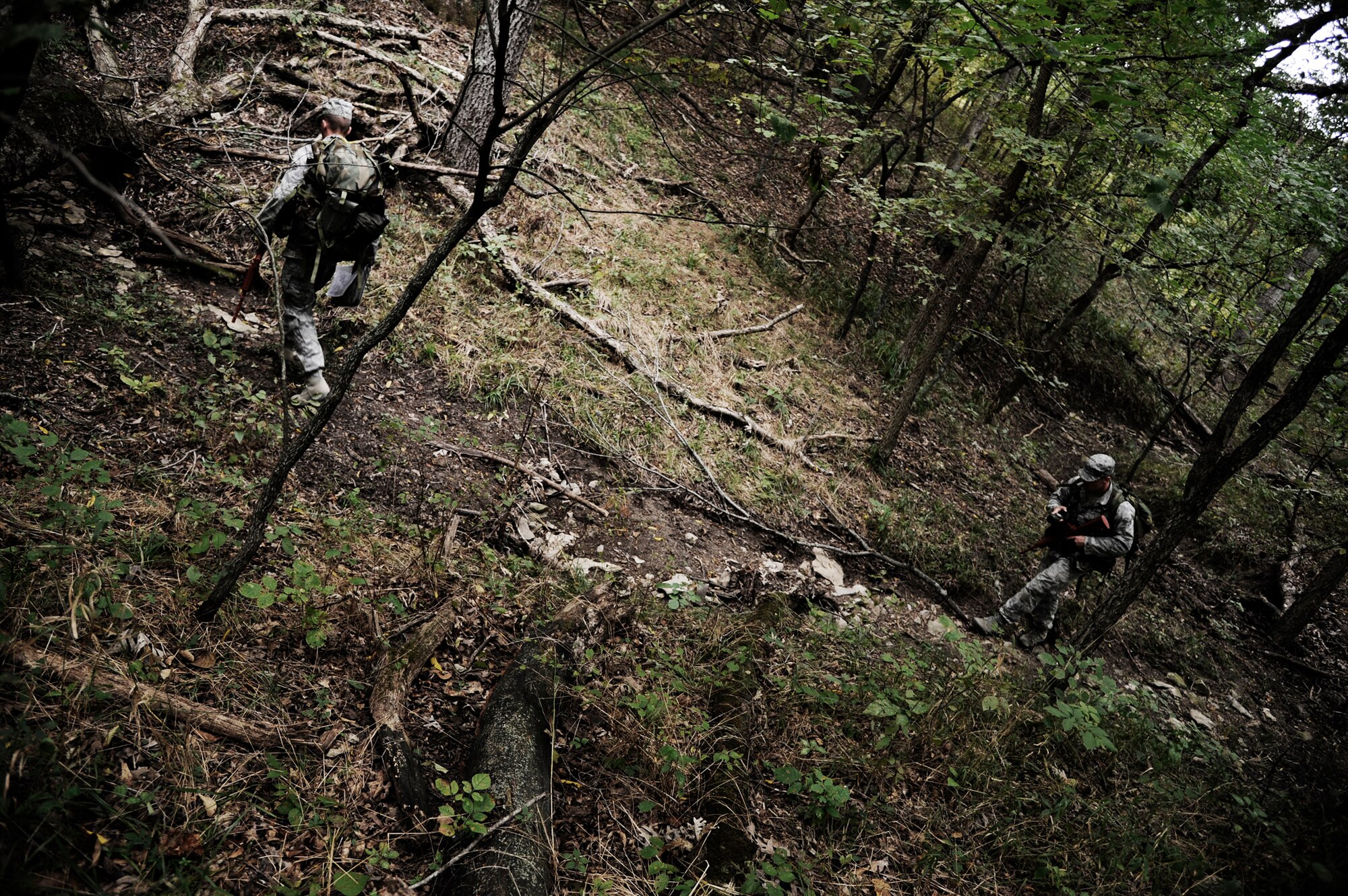 KNOB KNOSTER, Mo.  -  Airmen from the 509th Security Forces Squadron search for their next objective point Sept. 16, during land navigation training. The members, who focus on installation defense at Whiteman AFB, had the chance to train on other defense techniques which will be needed in the Air Force Pre-Ranger Course. (U.S. Air Force photo by Senior Airman Cody H. Ramirez)
