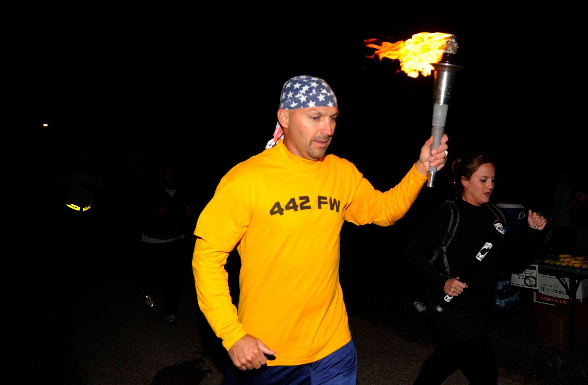 WHITEMAN AIR FORCE BASE, Mo. - Don Demarco, 442nd Fighter Wing, runs in support of POWs and MIAs here Sept. 16. Units from the 442nd FW (reserve unit on base), 131st Bomb Wing (Air National Guard unit on base) and the 1-135th Attack Reconnaissance Battalion (National Guard unit on base) came out to show their respects alongside the 509th Bomb Wing. (U.S. Air Force photo by Senior Airman Cody H. Ramirez)
