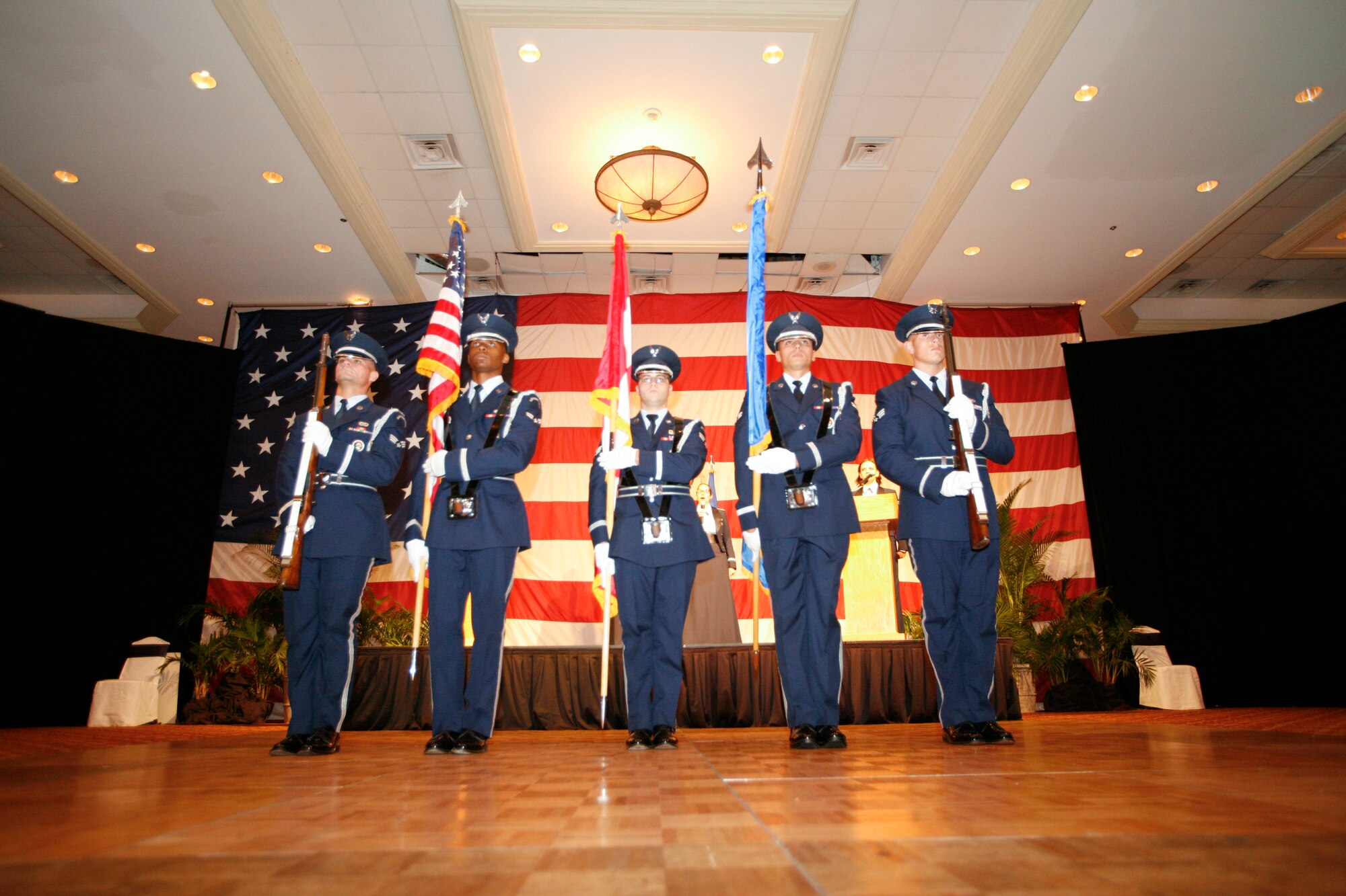 Tyndall Air Force Base Honor Guard members prepare for the singing of the National Anthem during the Air Force Ball 2011 celebrating 64 years of U.S. Air Force history Sept. 17. (U.S. Air Force photo by Chris Cokeing) 