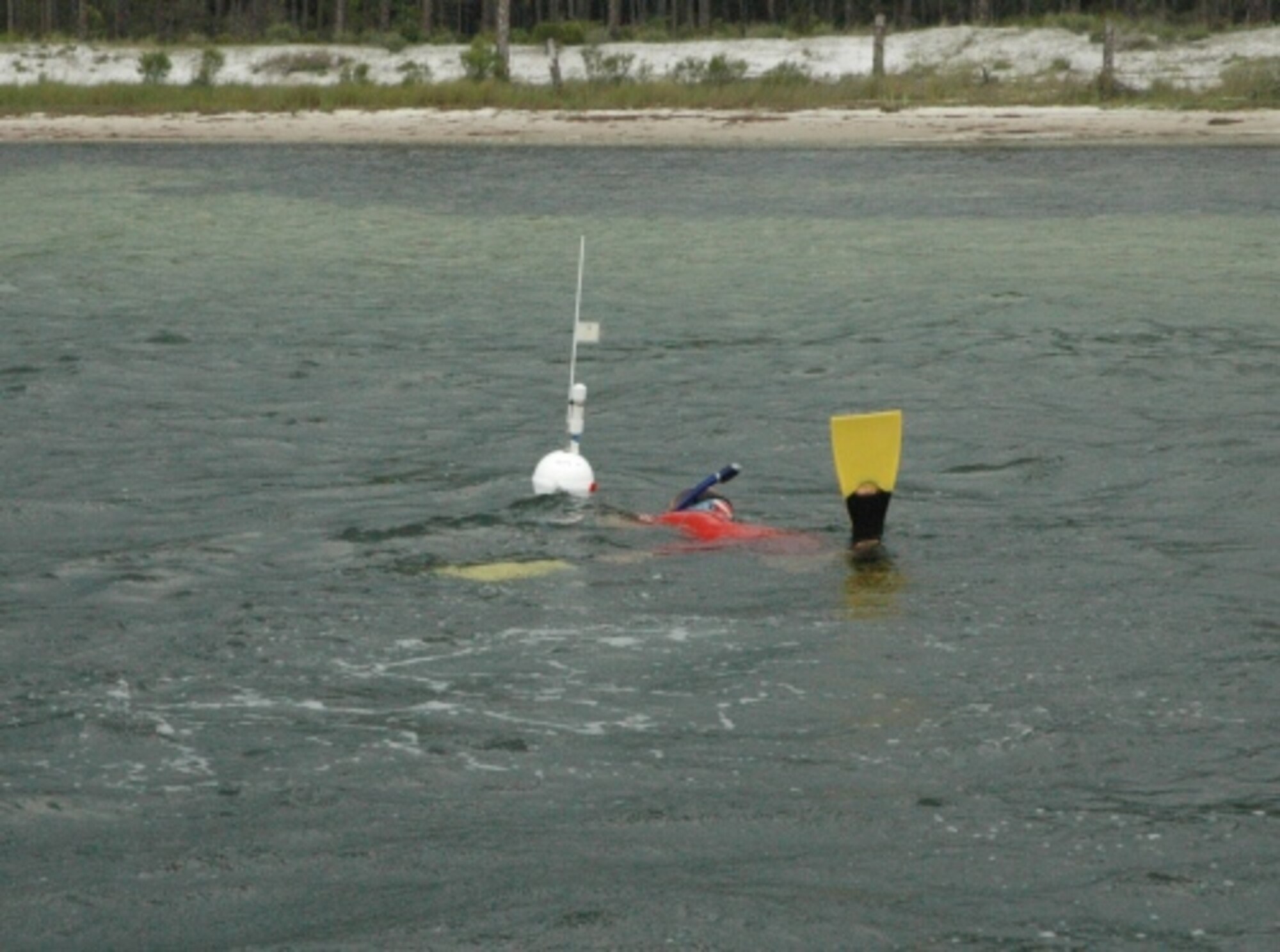 A scientist does a check on an under-water biologically-driven system, marked by a white bouy so they can be easily identified in the water. During the August trial, titled "Emerald Raptor", researchers used six hybrid fuel cells and four zero power ballasts in the demonstrations conducted in the bay between Shell Island and the Tyndall peninsula. (U.S. Air Force photo by Staff Sgt. Kirsten Wicker)