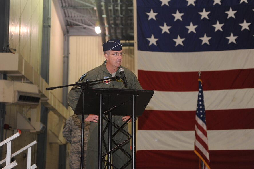 Brig. Gen. Paul McGillicuddy, 9th Reconnaissance Wing commander, speaks at the activation-of-command ceremony at Grand Forks Air Force Base on Sept. 19. The 348th Reconnaissance Squadron and the 69th Maintenance Squadron were also activated under 69th Reconnaissance Group. (U.S. Air Force photo/Staff Sgt. Suellyn Nuckolls)