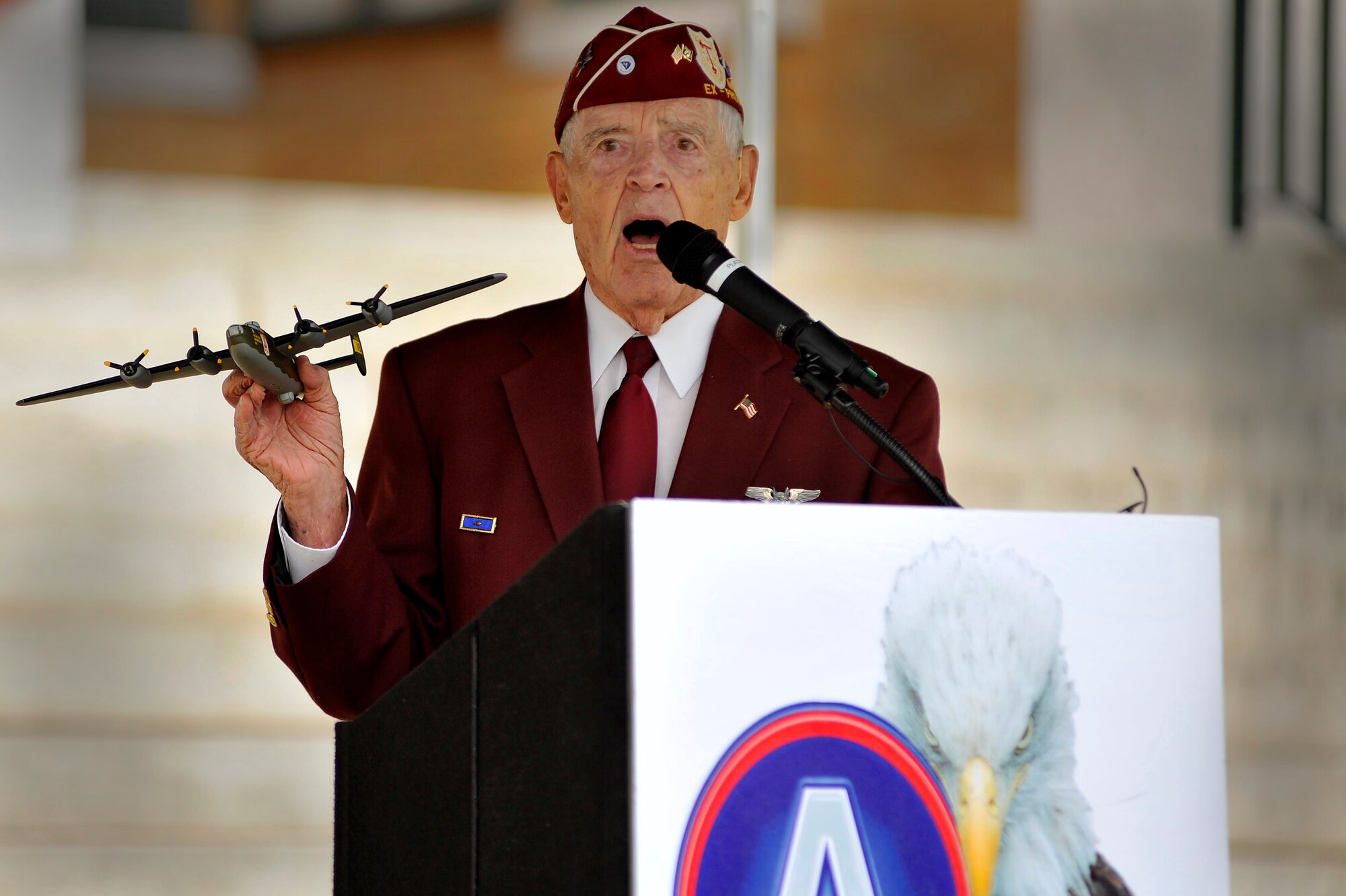Louis Blanding Fowler, former prisoner of war and World War II veteran speaks about his service in World War II and his experience as a Prisoner of War during a ceremony recognizing national prisoners-of-war and missing-in-action day, Sept. 16, 2011 Sumter, S.C. Fowler was presented with a POW/MIA flag. (U.S. Air Force photo by Senior Airman Kenny Holston/Released)


