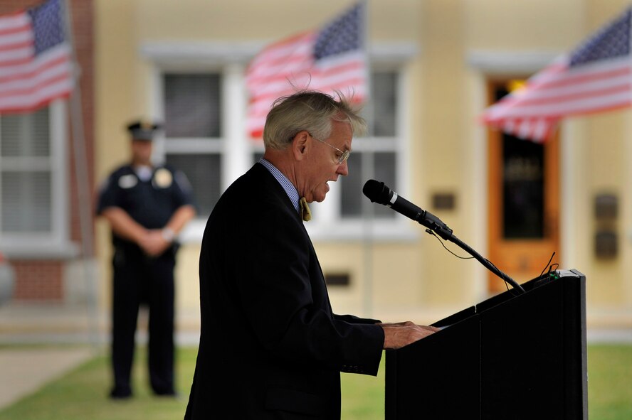 Senator Phil Leventis reads a proclamation from the Governor of South Carolina during a ceremony recognizing national prisoners-of-war and missing-in-action day, Sept. 16, 2011 Sumter, S.C. During the ceremony Louis Blanding Fowler, former prisoner of war, spoke about his service in World War II and was presented a POW/MIA flag. (U.S. Air Force photo by Senior Airman Kenny Holston/Released)