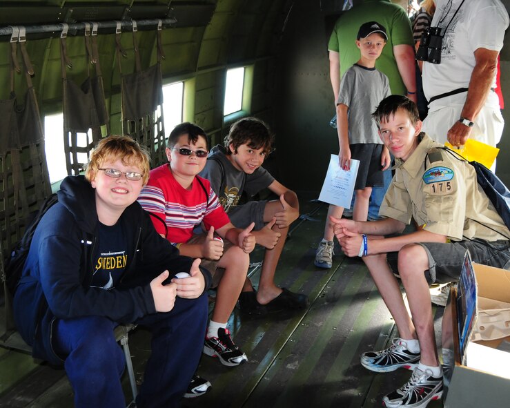 Boy Scouts and their troop leaders from troop 175 Erie, Pennsylvania and troop 28, Medina, New York check out the interior of a WW II era C-47 aircraft at the Thunder of Niagara Airshow, Niagara Falls Air Reserve Station, New York.  The scouts combined a camping exercise with a visit to the airshow on the September 11th weekend.  For some of the scouts this was their first camping exercise and air show, but all were thrilled by the events during the weekend according to scout leaders. (U.S. Air Force photo by Peter Borys)
