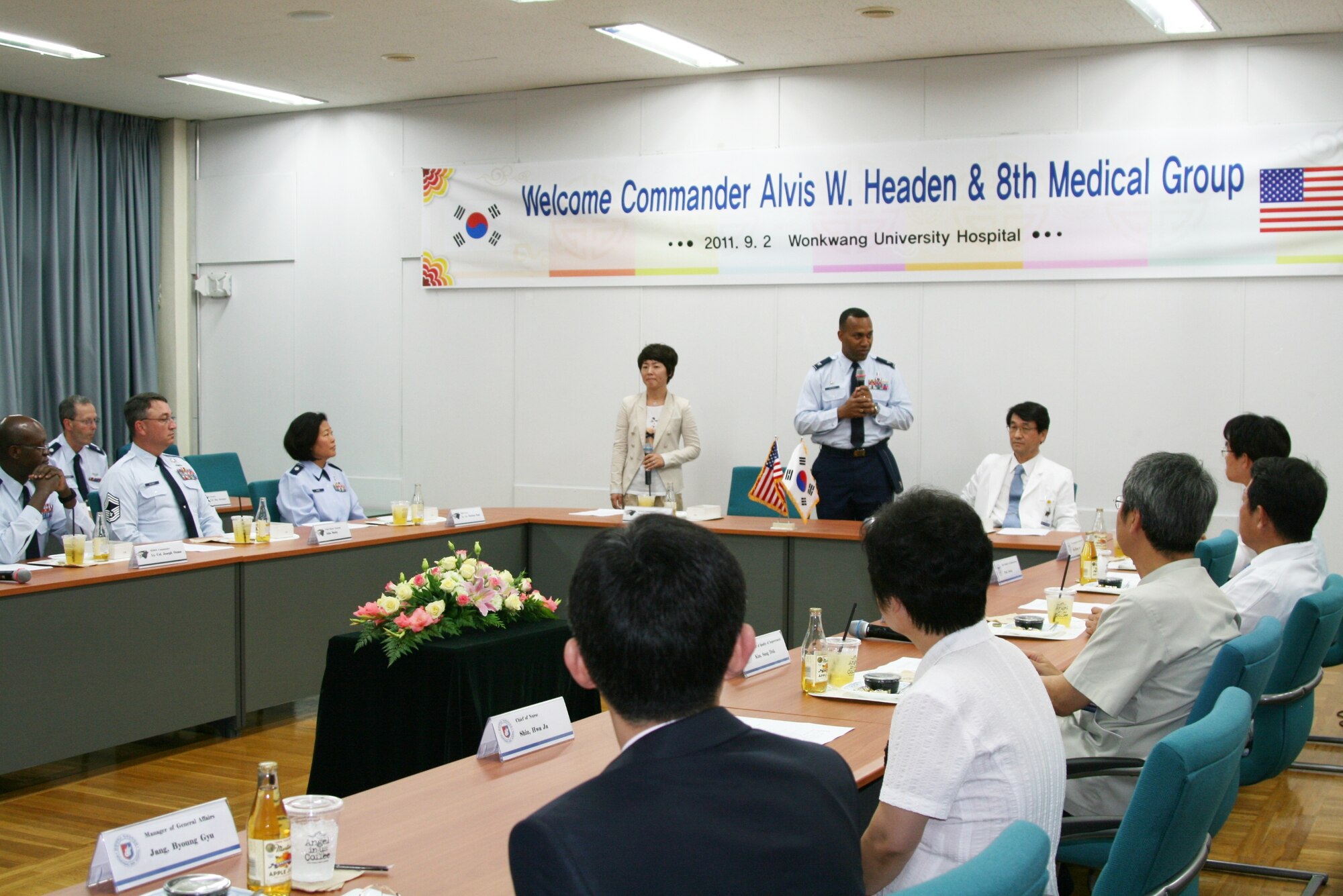 IKSAN, Republic of Korea -- Col Alvis Headen, 8th Medical Group commander, talks with the executive staff of Wonkwang University Hospital here Sept. 2 about the importance of continuing to build a long-lasting partnership between them and the Wolf Pack. (Courtesy photo)