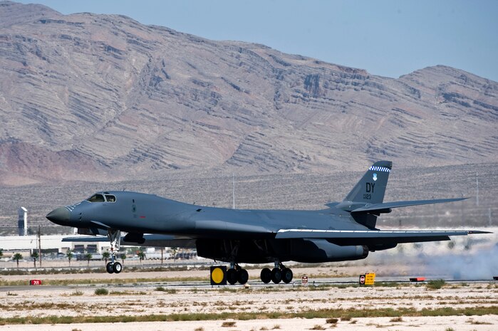 A U.S. Air Force B-1B Lancer from Dyess Air Force Base, Texas, lands after a training mission during Green Flag-West 11-10 Sept. 20, 2011, at Nellis AFB, Nev. Green Flag-West provides a realistic close-air support training environment for forces preparing to support worldwide combat operations.(U.S. Air Force photo by Senior Airman Brett Clashman/Released)