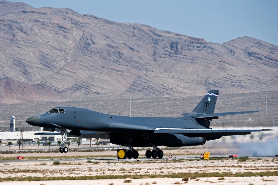 A U.S. Air Force B-1B Lancer from Dyess Air Force Base, Texas, lands after a training mission during Green Flag-West 11-10 Sept. 20, 2011, at Nellis AFB, Nev. Green Flag-West provides a realistic close-air support training environment for forces preparing to support worldwide combat operations.(U.S. Air Force photo by Senior Airman Brett Clashman/Released)