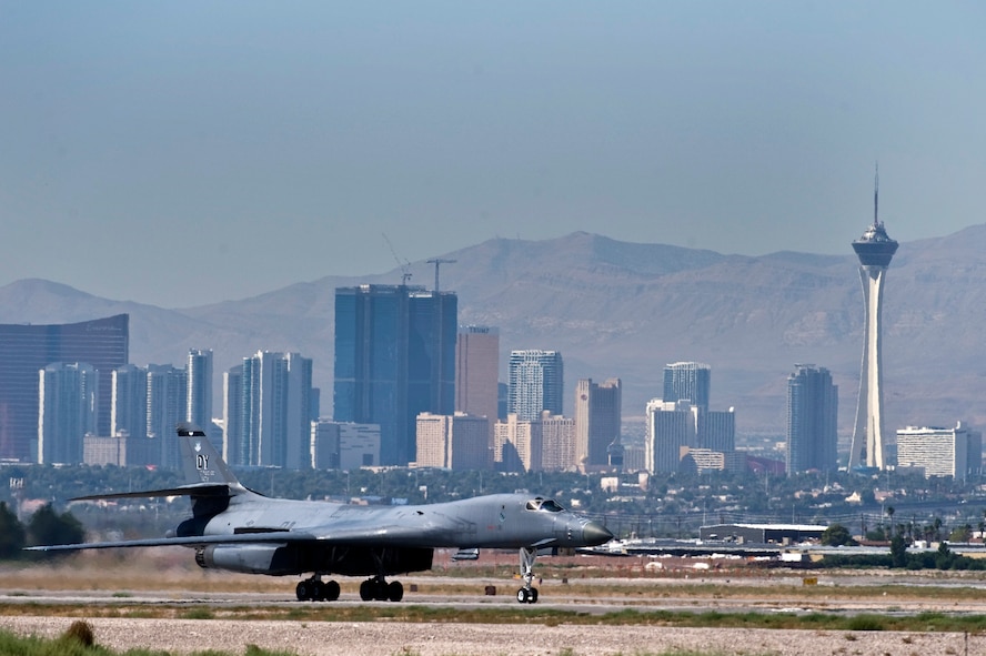 A U.S. Air Force B-1B Lancer from Dyess Air Force Base, Texas, taxi's in after a training mission during Green Flag-West 11-10 Sept. 20, 2011, at Nellis AFB, Nev. Green Flag-West provides a realistic close-air support training environment for forces preparing to support worldwide combat operations.(U.S. Air Force photo by Senior Airman Brett Clashman/Released)