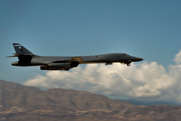A U.S. Air Force B-1B Lancer from Dyess Air Force Base, Texas, takes off during Green Flag-West 11-10  Sept 15, 2011 at Nellis AFB. Nev. Green Flag-West provides a realistic close-air support training environment for forces preparing to support worldwide combat operations. (U.S. Air Force photo by Airman 1st Class Daniel Hughes/Released)