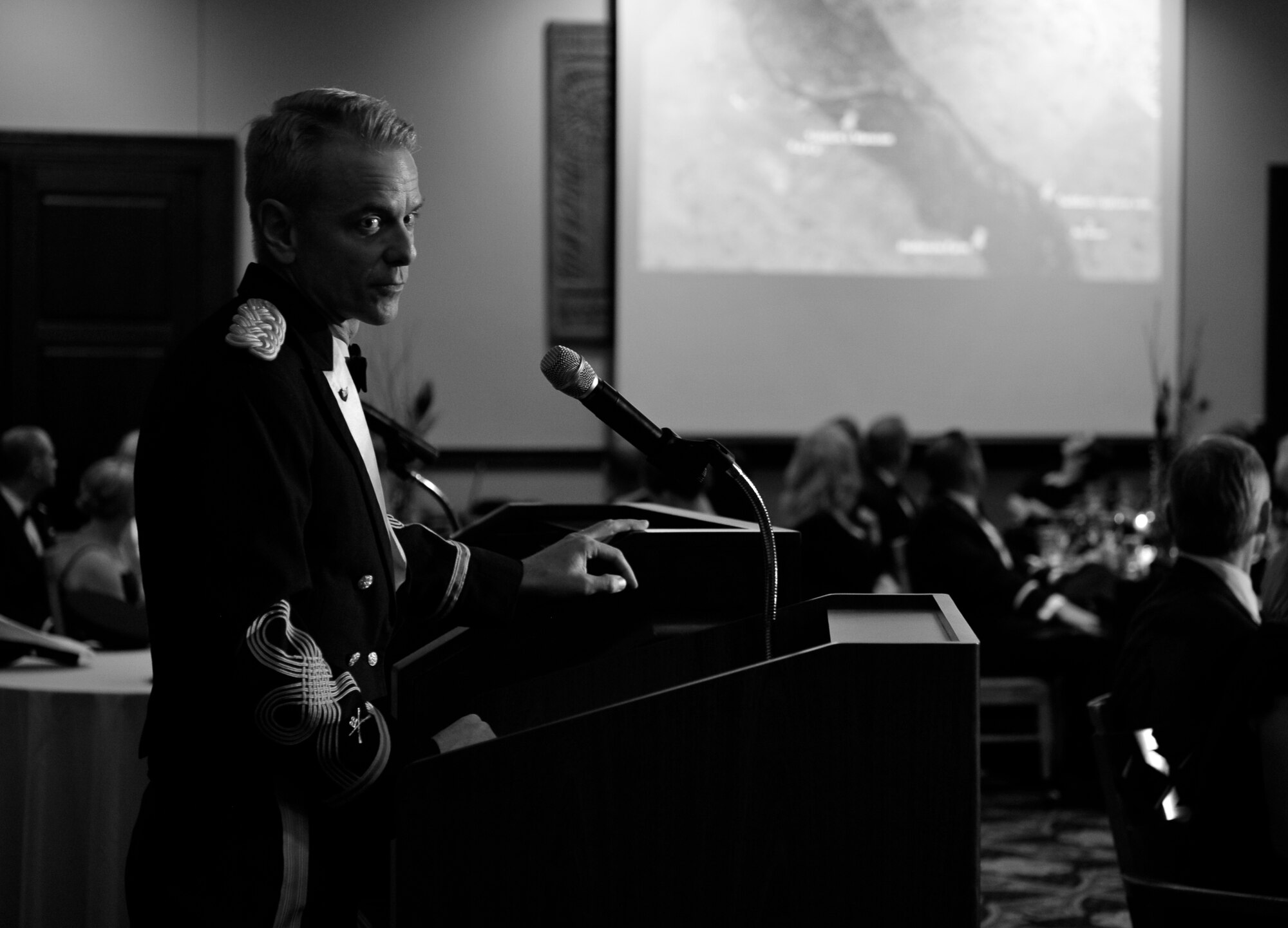 VANCE AIR FORCE BASE, Okla. – Oklahoma State Senator Steve Russell, a retired Army lieutenant colonel and the guest speaker for the event, explains to the Airmen present how the U.S. military captured Saddam Hussein in Iraq. Russell was the commander of the 1st Brigade, 22nd Infantry Regiment, 4th Infantry Division, and helped lead the operations which led to the capture of Hussein. (U.S. Air Force photo/ Staff Sgt. James Bolinger)