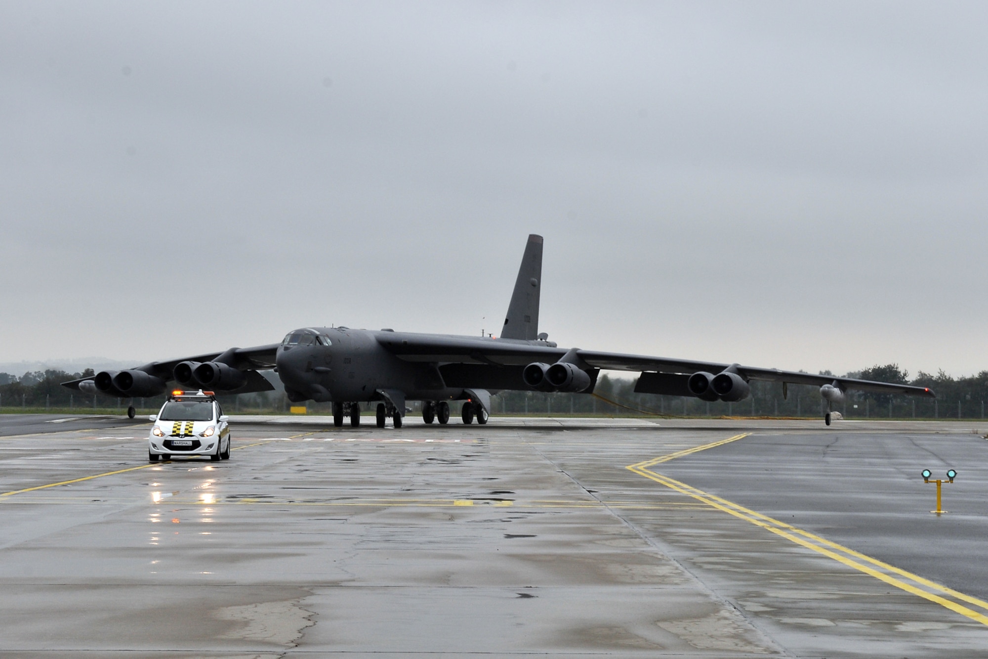 A B-52 Stratofortress from the 93rd Bomb Squadron, 307th Bomb Wing, Barksdale Air Force Base, La., taxis to its parking spot at the Ostrava Airport in the Czech Republic, Sept. 20, 2011. The B-52 arrived in the Czech Republic to participate in the North Atlantic Treaty Organization Days in Ostrava air show, which is scheduled for Sept. 24-25, 2011, at the Leos Janacek Ostrava Airport, Ostrava, Czech Republic. (U.S. Air Force photo by Tech. Sgt. Jeff Walston/Released)