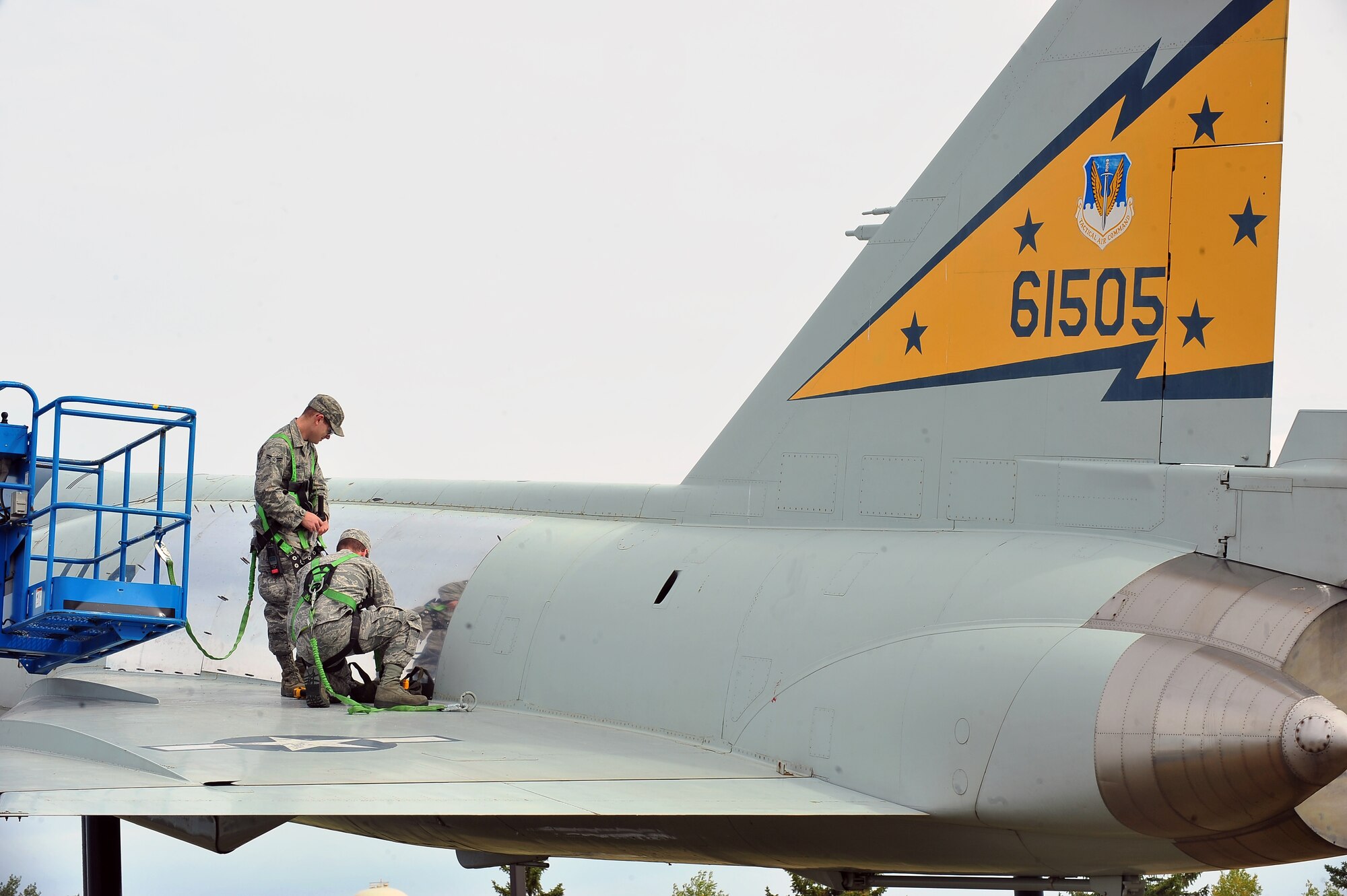 MINOT AIR FORCE BASE, N.D. – Airman 1st Class David Bellone and Airman 1st Class Shawn Cole, 5th Maintenance Squadron sheet metal apprentices, repair a static display aircraft here Sept. 19. The perseveration these historic aircraft enables the proud traditions of the Air Force’s heritage to live on.  (U.S. Air Force Photo / Senior Airman Jesse Lopez)

