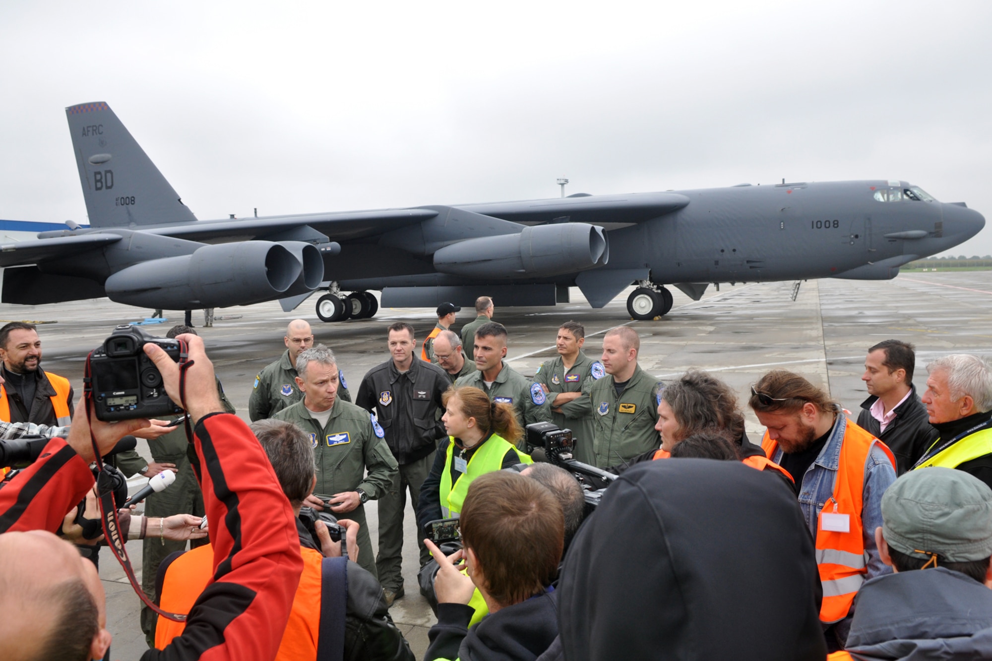 Col. Joseph Jones, the 307th Bomb Wing vice commander, from Barksdale Air Force Base, La., speaks to the local media at the Ostrava Airport in the Czech Republic, Sept. 20, 2011. Jones was part of the aircrew of the B-52 Stratofortress from the 93rd Bomb Squadron, 307th BW, and arrived in the Czech Republic to participate in the North Atlantic Treaty Organization Days in Ostrava air show, which is scheduled for Sept. 24-25, 2011, at the Leos Janacek Ostrava Airport, Ostrava, Czech Republic. (U.S. Air Force photo by Tech. Sgt. Jeff Walston/Released)