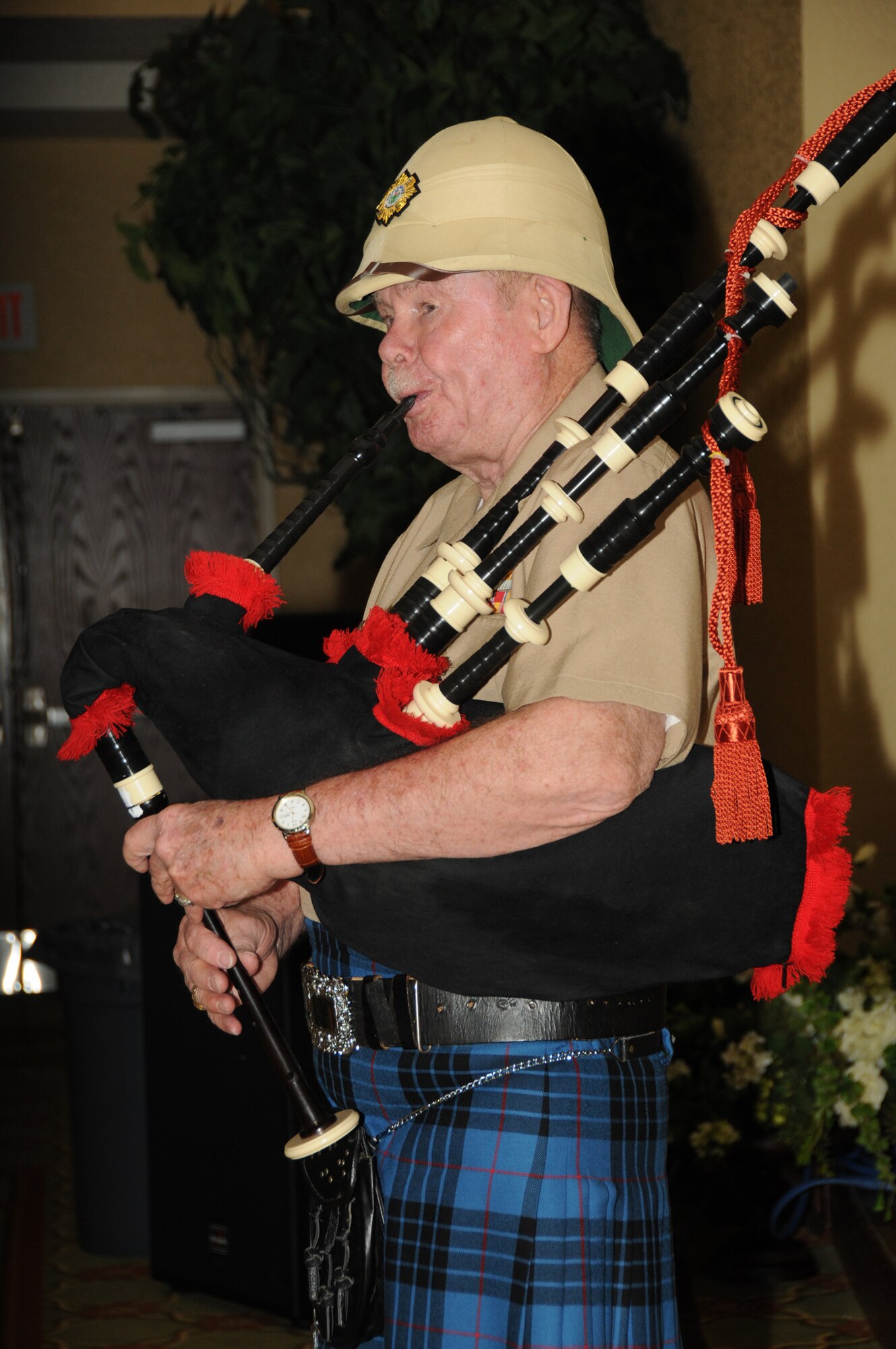 Francis Ward plays “Amazing Grace” on his bagpipes.  The 85-year-old retired Sailor lives at the Armed Forces Retirement Home in Gulfport. He’s played the bagpipes for 49 years.  (U.S. Air Force photo by Kemberly Groue)