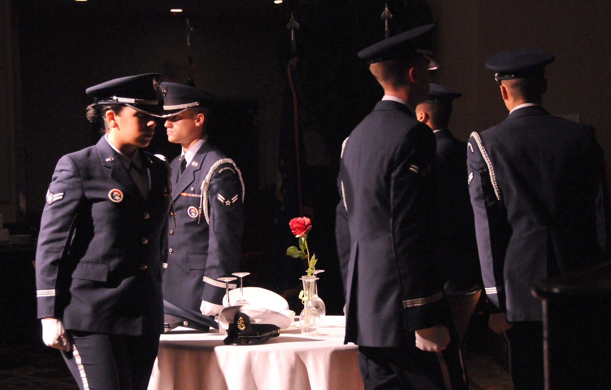 Members of the Keesler Honor Guard take part in the POW/MIA ceremony Sept. 17 at the Air Force Ball at the Bay Breeze Event Center.  The ball, hosted by the Air Force Association, also featured music by the Biloxi High School Jazz Band, cake cutting, dancing and prizes.  (U.S. Air Force photo by Kemberly Groue)
