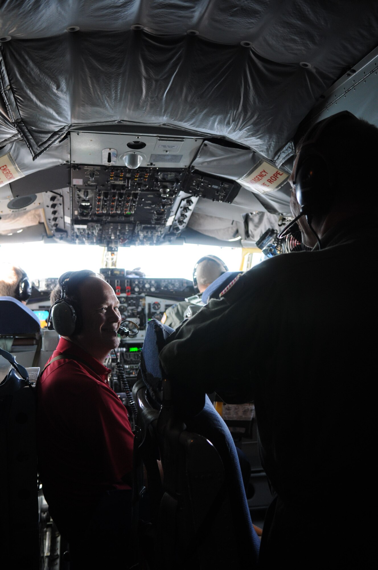 GRISSOM AIR RESERVE BASE, Ind. -- Mike McMains, state director for Senator Dan Coats, sits in the cockpit of a KC-135R Stratotanker during an air refueling mission Sept. 14. McMains was one of nine congressional staffers on board during the mission. The purpose of their visit was to give the staffers the opportunity to learn about the impact Grissom has not only in helping preserve America's freedom but the economic value that it has on the surrounding community. (U.S. Air Force photo/Senior Airman Jami K. Lancette) 