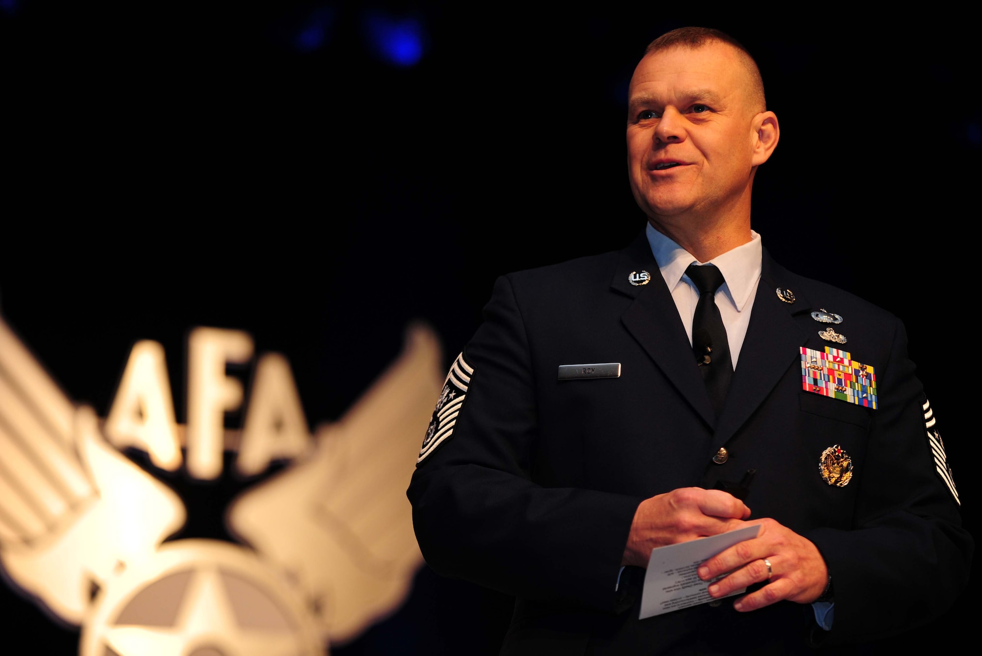 Chief Master Sgt. of the Air Force James A. Roy addresses an audience of Airmen, sister service members and industry partners Sept. 21, 2011, during the Air Force Association’s 2011 Air & Space Conference and Technology Exposition in National Harbor, Md. Roy highlighted issues that are affecting Airmen around the force. (U.S. Air Force photo/ Airman 1st Class Melissa Goslin)