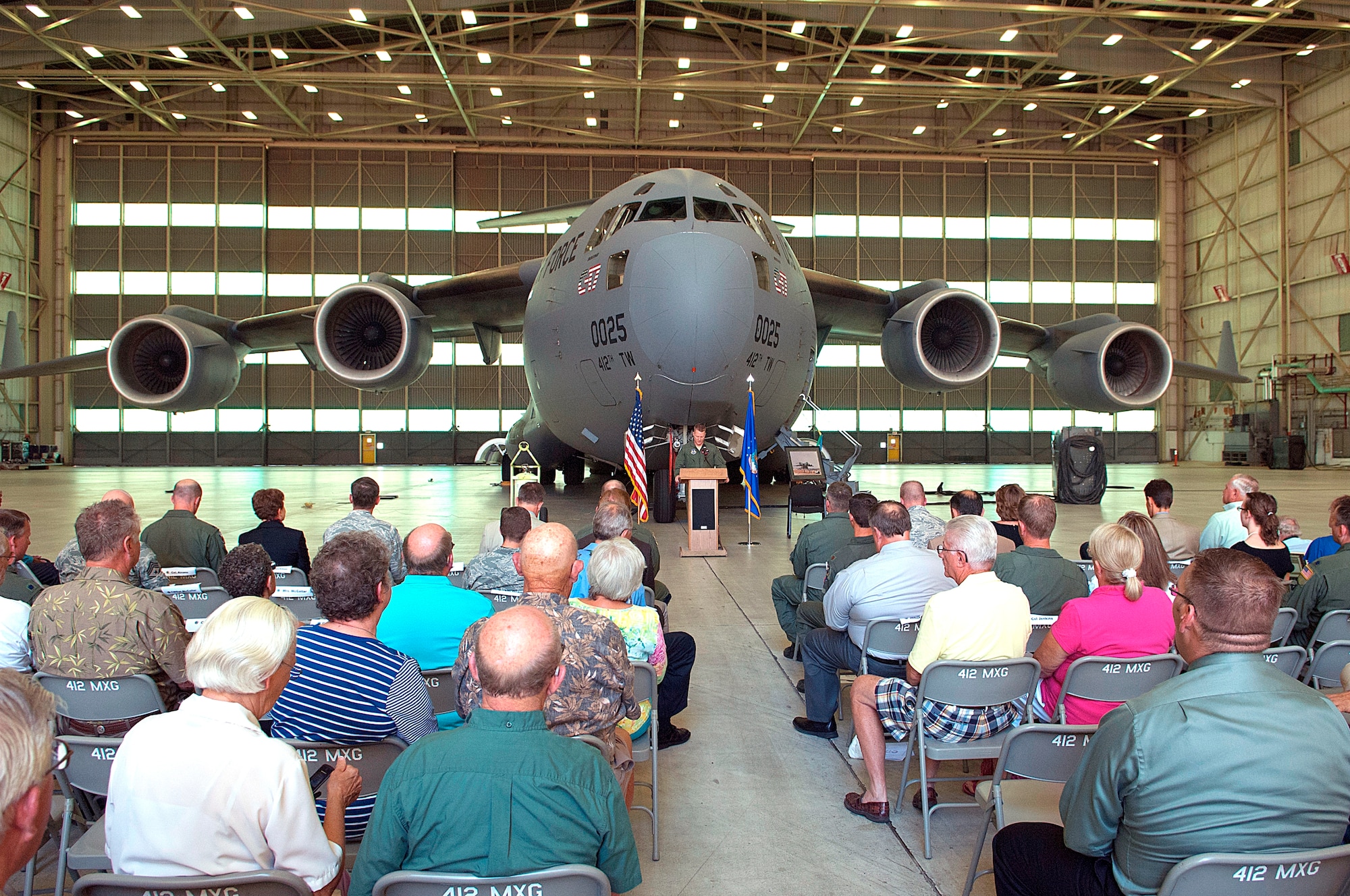 Edwards held a ceremony in the 418th Flight Test Squadron’s Hangar 1623 to commemorate the first flight of the C-17 Globemaster Sept. 15.  Members of the original developmental program along with current C-17 program members attended the event.  (Air Force photo by Michael Yncera)