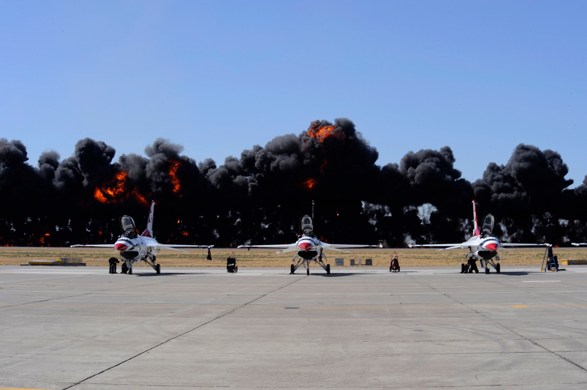 MOUNTAIN HOME AIR FORCE BASE, Idaho – Pyrotechnics explode as part of one of the numerous aerial demonstrations preformed during Gunfighter Skies 2011 here Sept. 18. Over 50,000 people attended in order to catch a glimpse of the Air Force’s air power. (U.S. Air Force photo by Senior Airman Angelina Drake) 
