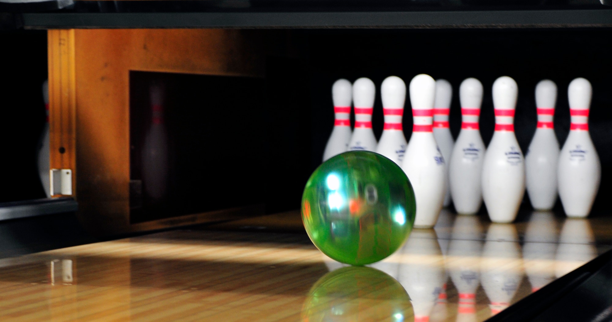 The remote control bowling ball is guided into some pins at the bowling center on Shaw Air Force Base, S.C. Sept. 20, 2011. It allows those that are disabled to still experience the joys of bowling. (U.S. Air Force photo/ Airman 1st Class Daniel Phelps/Released)