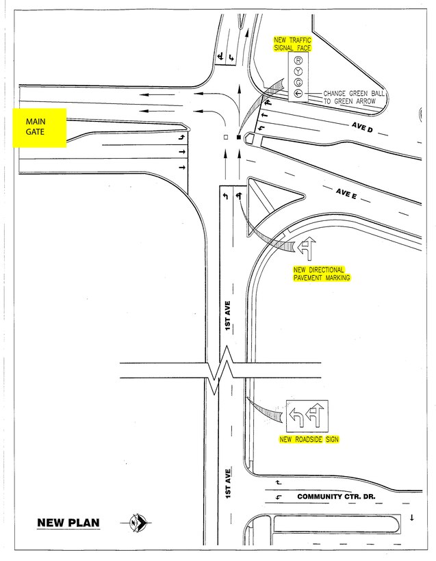 Sheppard Air Force Base Civil Engineering will be changing the traffic pattern at the Main Gate traffic signal Sept. 28 and ask that all base personnel be vigilant when driving in the area as people become accustomed to the new traffic pattern.