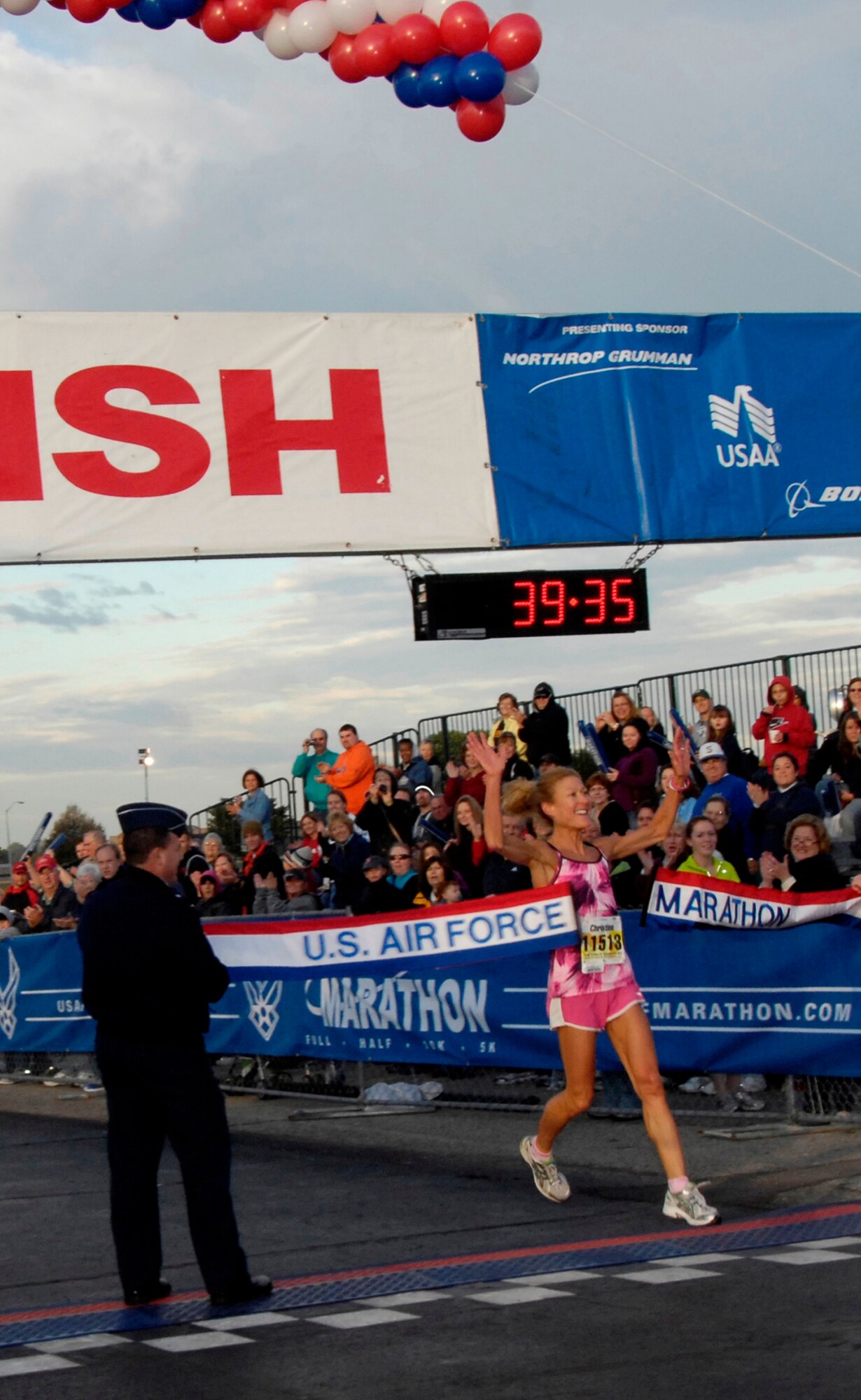 Christine Tieman of Bellbrook establishes a new mark for the 10K in the Women’s division running a 39:35.  (Air Force photo by Michelle Gigante)   
