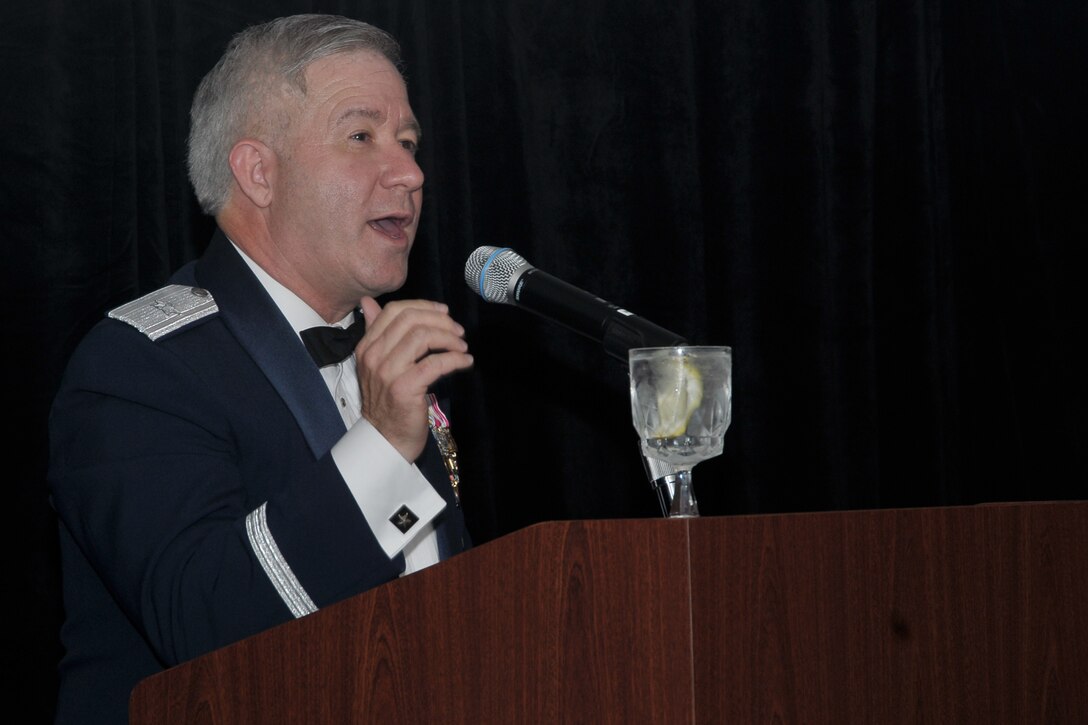 Brig. Gen. Keith D. Kries, mobilization assistant to the Commander, 8th Air Force (Air Forces Strategic), Barksdale Air Force Base, La., and Joint Functional Component Commander for Global Strike, U.S. Strategic Command, Offutt AFB, Neb, addresses approximately 200 military and civilian personnel assigned to YARS along with various guests at a military ball here, Sept. 17. The event was held at the new Community Activity Center.