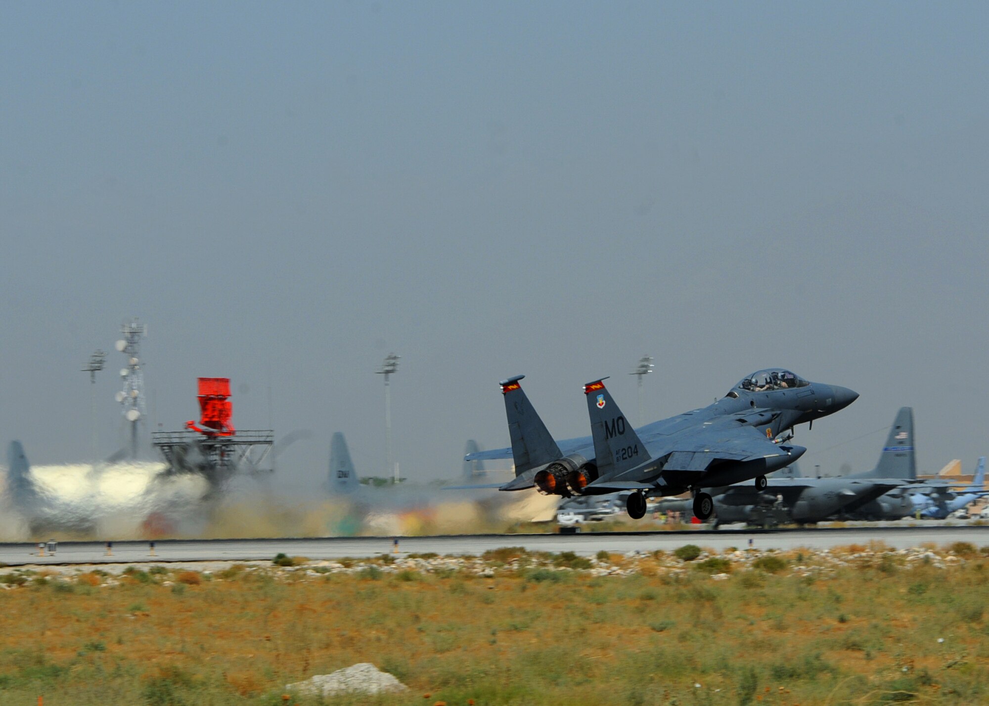 BAGRAM AIRFIELD, Afghanistan -- An F-15E Strike Eagle from the 389th Expeditionary Fighter Squadron takes off here in support of Operation Enduring Freedom Sep. 20, 2011. The F-15 is a dual-role fighter designed to perform air-to-air and air-to-ground missions. It can penetrate enemy defense and outperform and outfight any current enemy aircraft. (U.S. Air Force photo/ Senior Airman Krista Rose)