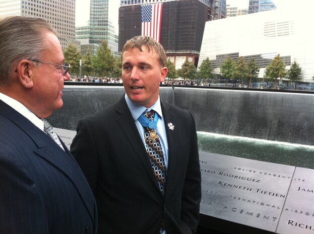 Medal of Honor recipient Sgt. Dakota Meyer visits the Ground Zero Memorial in New York Sept. 21, 2011. Meyer is the first living Marine to be awarded the Medal of Honor for actions since Vietnam. In 2009, he made multiple trips into an intense firefight to try and save members of his team.