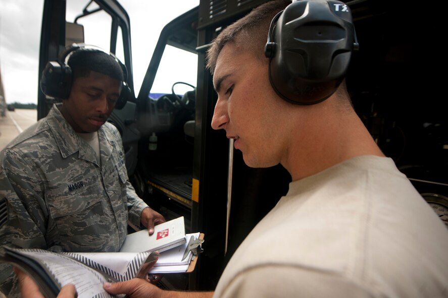 U.S. Air Force Airman 1st Class Kyle Dadswell, 23rd Logistics Readiness Squadron fuels distribution operator, explains to Tech. Sgt. Carlos Mason 23rd Logistics Readiness Squadron fuels quality assurance inspector, his refueling process during a no-notice quality assurance inspection at Moody Air Force Base, Ga., Sept. 20, 2011. Mason is scheduled to perform 10 inspections within the week. The most important part of these inspections is to make sure Airmen and civilians remain efficient at their jobs and are doing them correctly. (U.S. Air Force photo by Airman 1st Class Joshua Green/Released)
