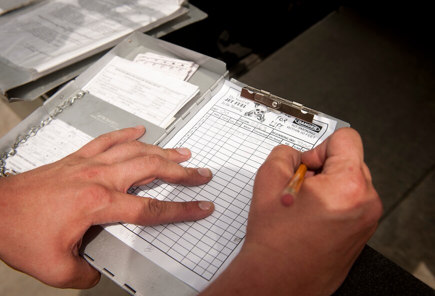 U.S. Air Force Airman 1st Class Justin Wilson, 23rd Logistics Readiness Squadron fuels distribution operator, calculates how much fuel is needed to refuel his fuel truck during a no-notice quality assurance inspection at Moody Air Force Base, Ga., Sept. 20, 2011. Wilson had to determine the difference between the fuel that was already consumed by an A-10C Thunder Bolt II and how much fuel remains in the fuel truck tank in order to refill the truck to a correct level. (U.S. Air Force photo by Airman 1st Class Joshua Green/Released)
