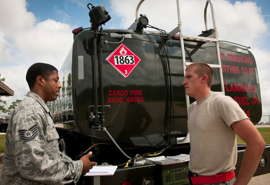 U.S. Air Force Tech. Sgt. Carlos Mason, 23rd Logistics Readiness Squadron fuels quality assurance inspector, explains to Airman 1st Class Justin Wilson, 23rd LRS fuels distribution operator, that he’ll be given a no-notice quality assurance inspection at Moody Air Force Base, Ga., Sept. 20, 2011. The 23rd LRS has implemented a new quality assurance program to provide the unit commander and senior leadership with an assessment of the unit’s ability to perform key logistics processes. (U.S. Air Force photo by Airman 1st Class Joshua Green/Released)
